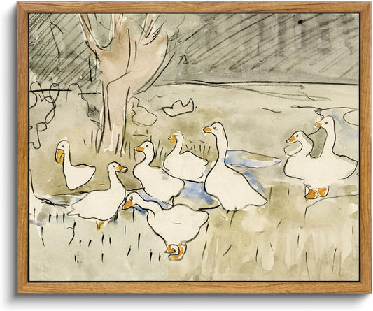 Framed Vintage Nursery Wall Decor, Farmhouse Duck Decor Art Prints for Bedroom, Rustic Animal Illustration Canvas Painting, Vintage Bathroom Wall Art Prints Cute Duck Decorations for Home (8"x10")