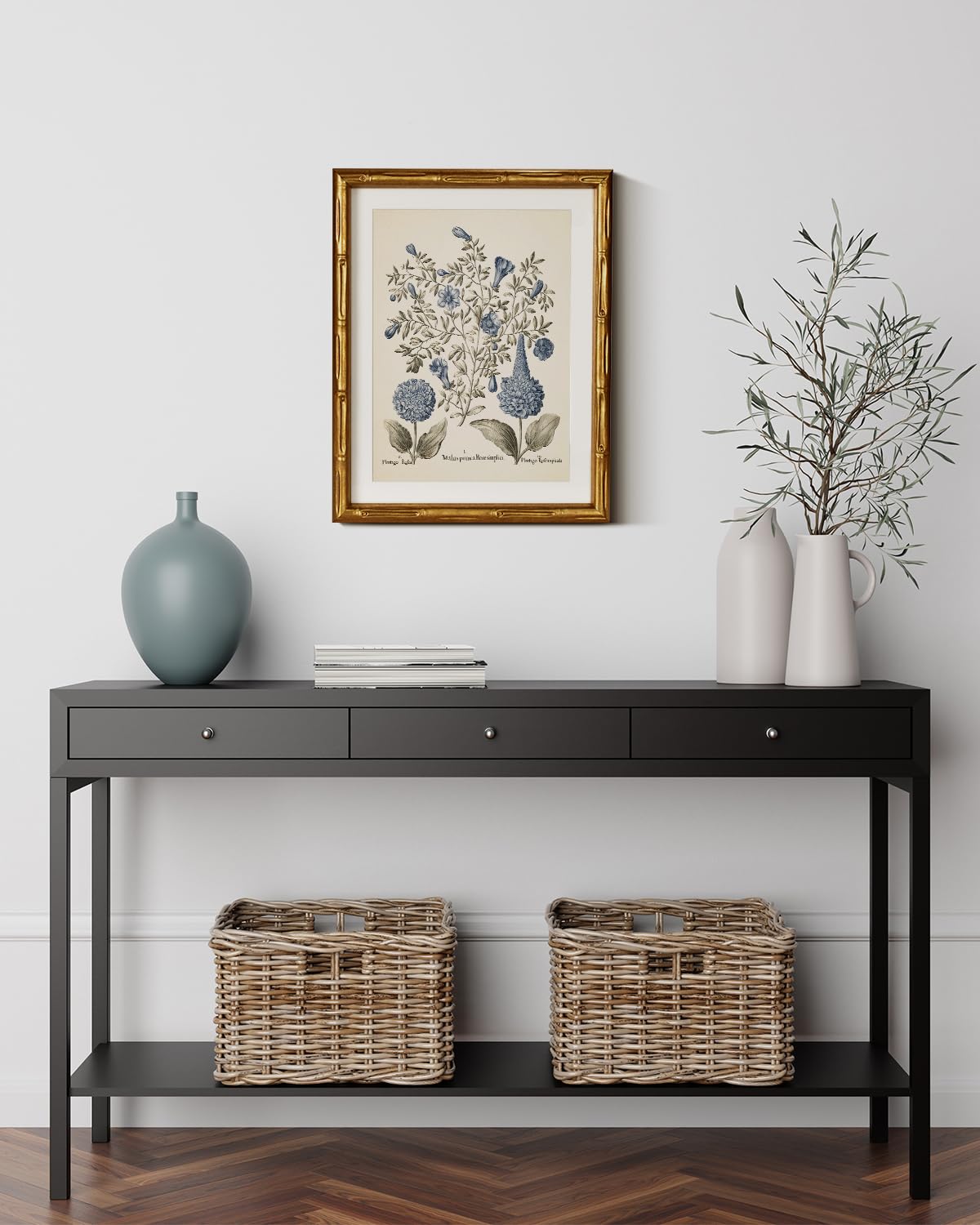 InSimSea Gold Bamboo Framed Canvas Wall Art, Retro Blue Hydrangea Botanical Prints, Antique Flowers Picture Frame with Mat, Victorian Home Wall Decor for Kitchen Living Room Bedroom, 11x14inch
