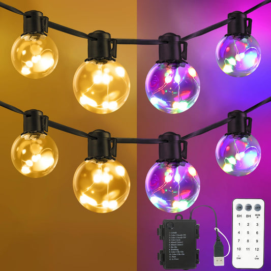 KepStars Outdoor String Lights Battery Powered, 22ft 20 G40 Warm White & Multicolor LED Bulbs Hanging Patio Lights Dimmable with Timer & Remote, IP65 Waterproof for Indoor Backyard Balcony Decor