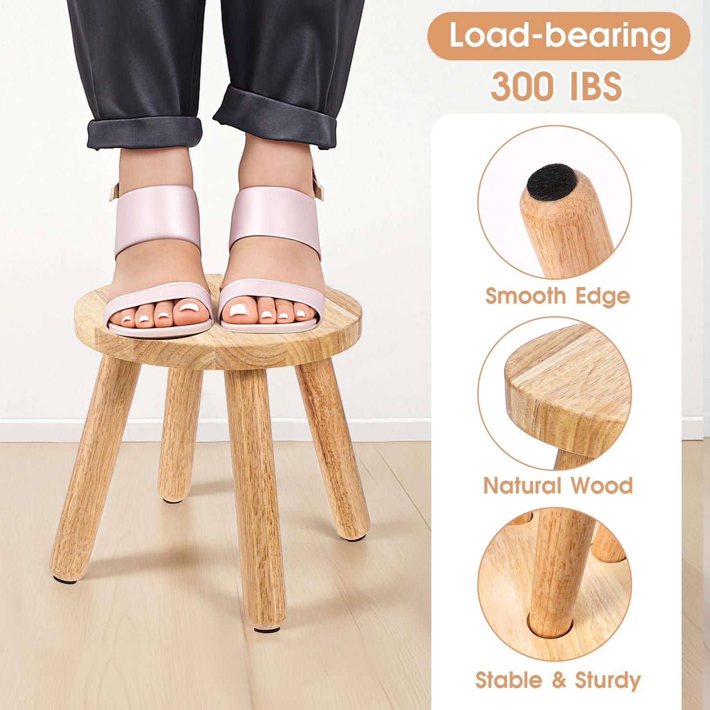 FdcZeyxior Natural Solid Wood Step Stool 9 Inch Short Sit Chair Portable Round Small Four Legged Wooden Sitting Stool for Adults Bathroom Classroom Bedroom Kitchen Plant Stand Decor, Detachable