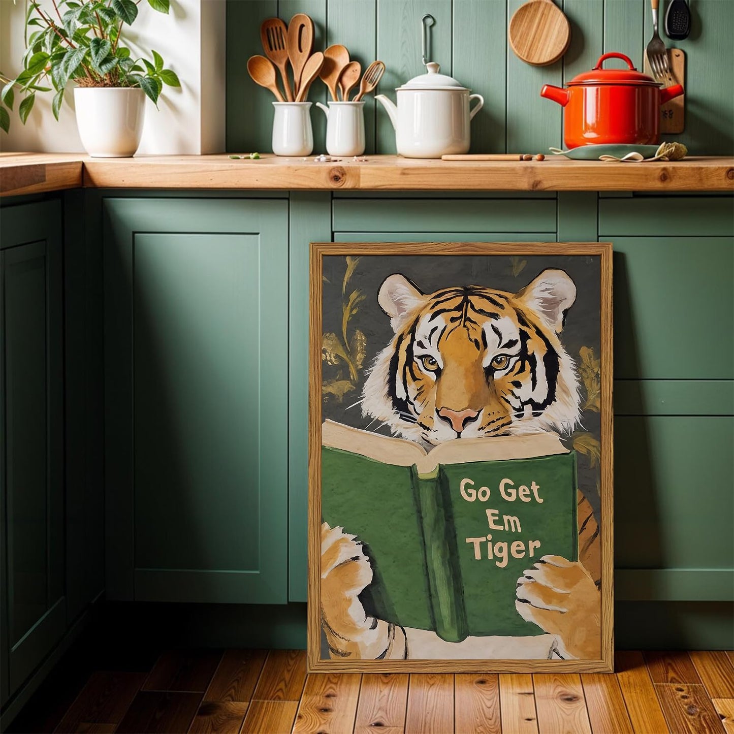 Framed Funny Tiger Wall Art, Motivational Animal Reading Wall Decor Paintings, Eclectic Go Get Em Tiger Canvas Prints Pictures Home Decor for Living Room Bedroom Dorm Office 12x16 inch