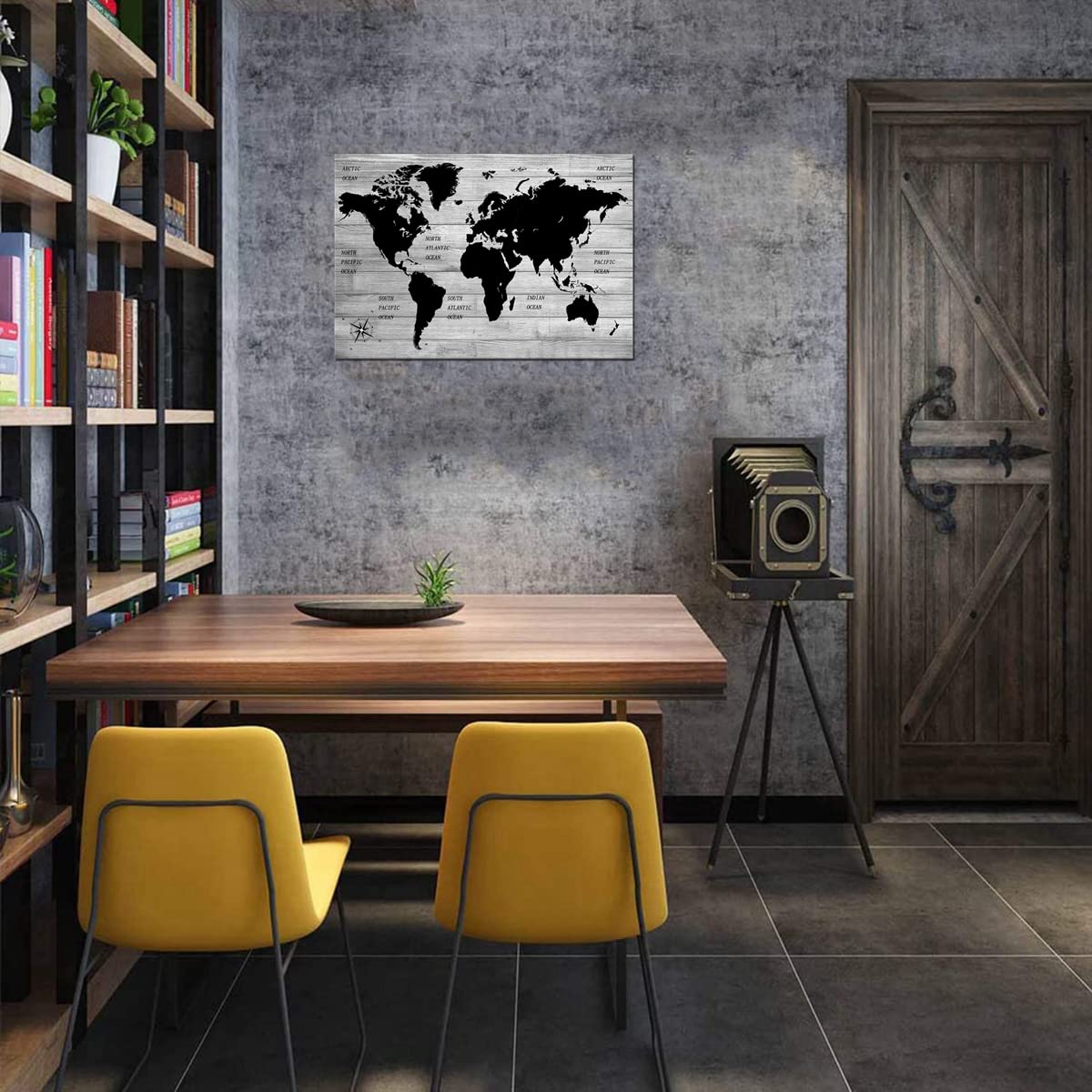 TAOMI World Map Wood Grain Grey Wall Art Black and White Artwork for Office Home Bedroom Decoration Map of the World Canvas Classroom Living Room Wall Décor Frame 12x16inch