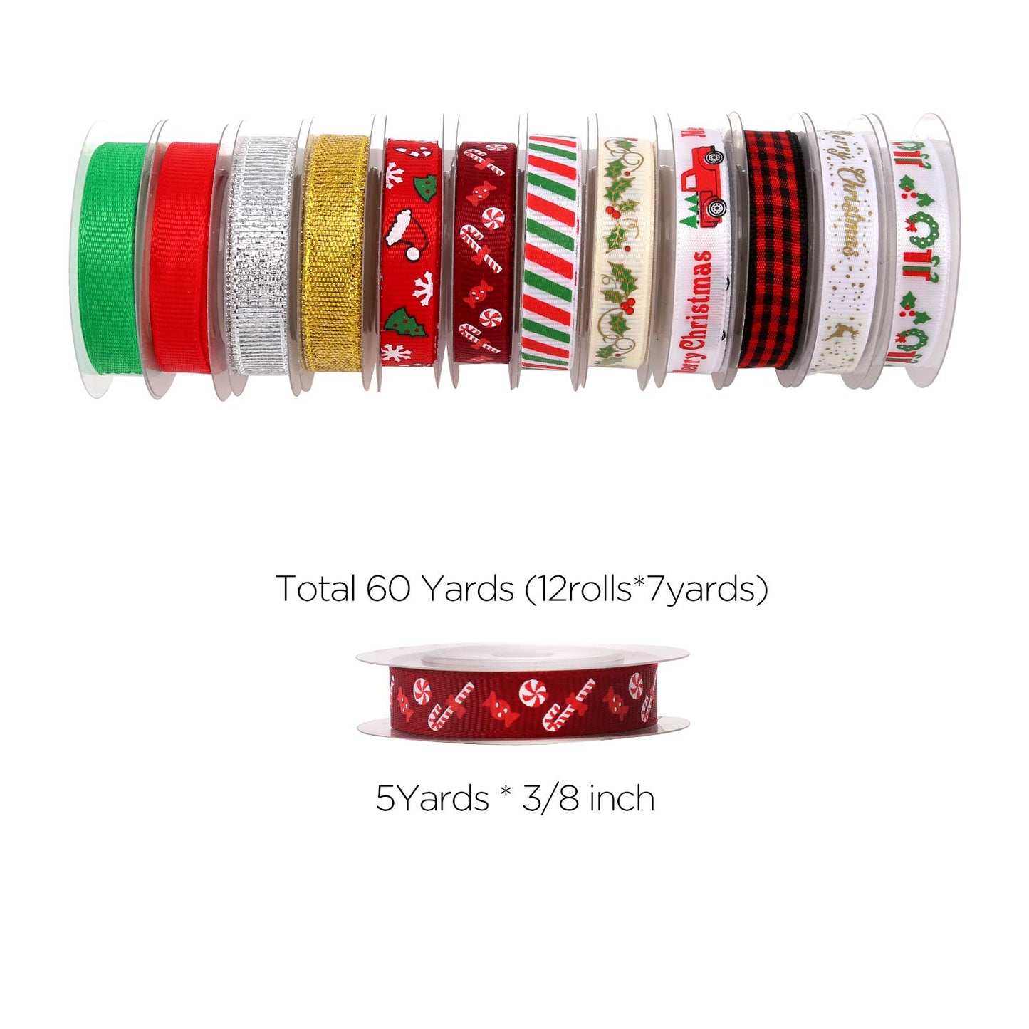 Luter 12Pcs Christmas Ribbon, Grosgrain Satin Ribbons for Crafts Decorations, Xmas Ribbon Set for Christmas Box Wrapping, Sewing, Hair Bows, Wedding, DIY Crafts (60 Yards 3/8 Inch)