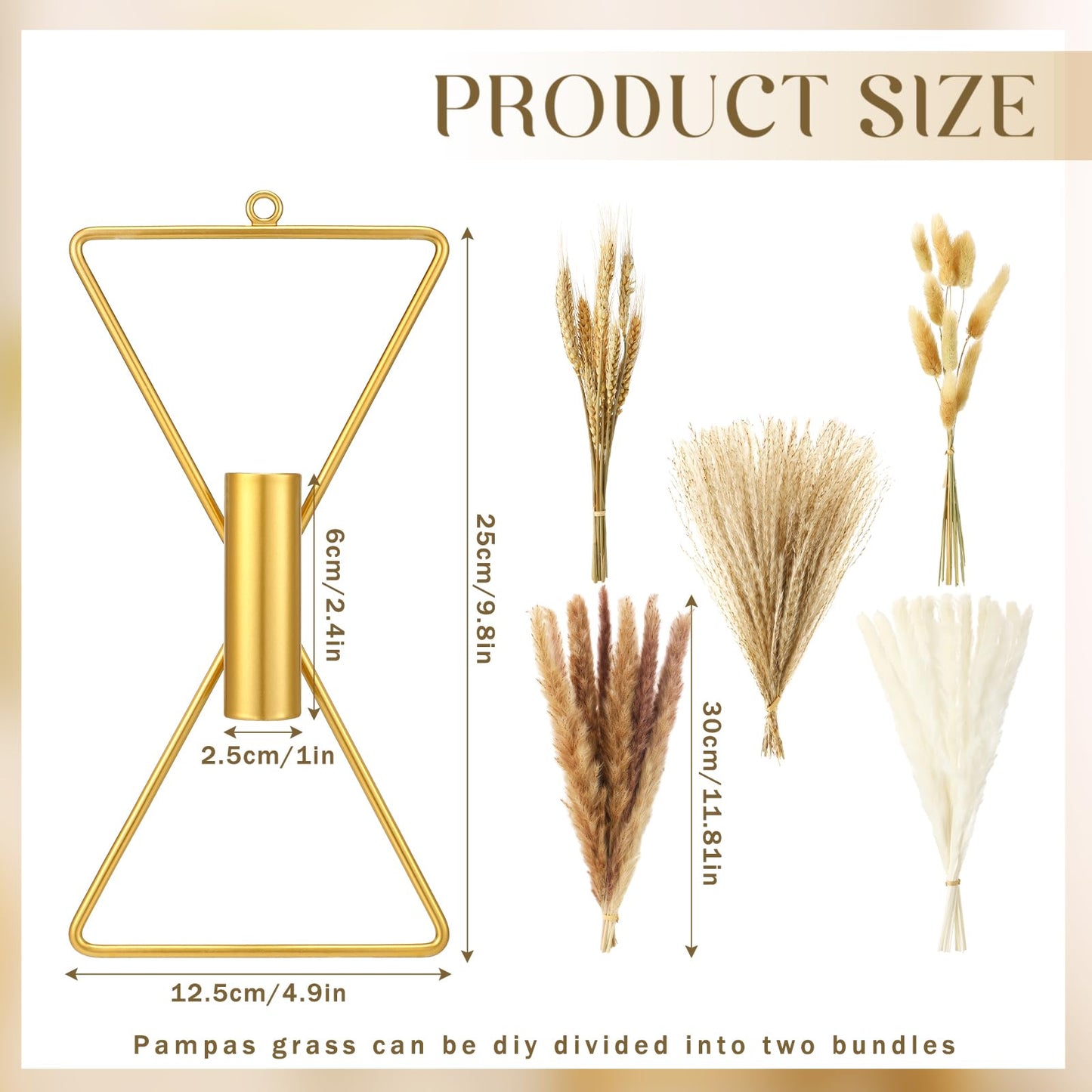 Peryiter 2 Pcs Boho Gold Wall Decor Metal Wall Art X Shaped Hanging Planters with Artificial Pampas Modern Home Gold Bathroom Decor for Bedroom Living Room