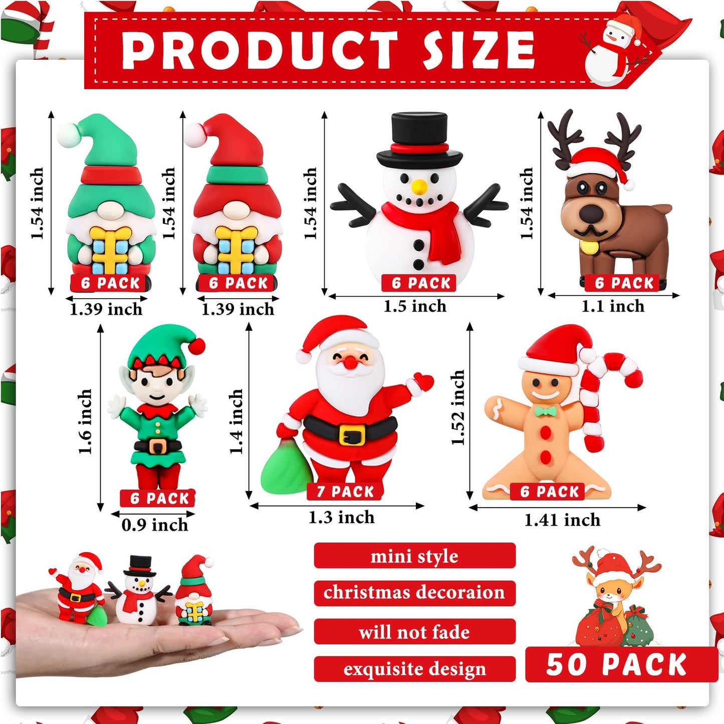 Halloscume 50 Pcs Mini Christmas Figurines Rubber Miniature Snowman Santa Gnome Reindeer Gingerbread Collectible Elf Figurines Ornaments for Home Table Decoration Xmas Holiday Party Supplies Gift