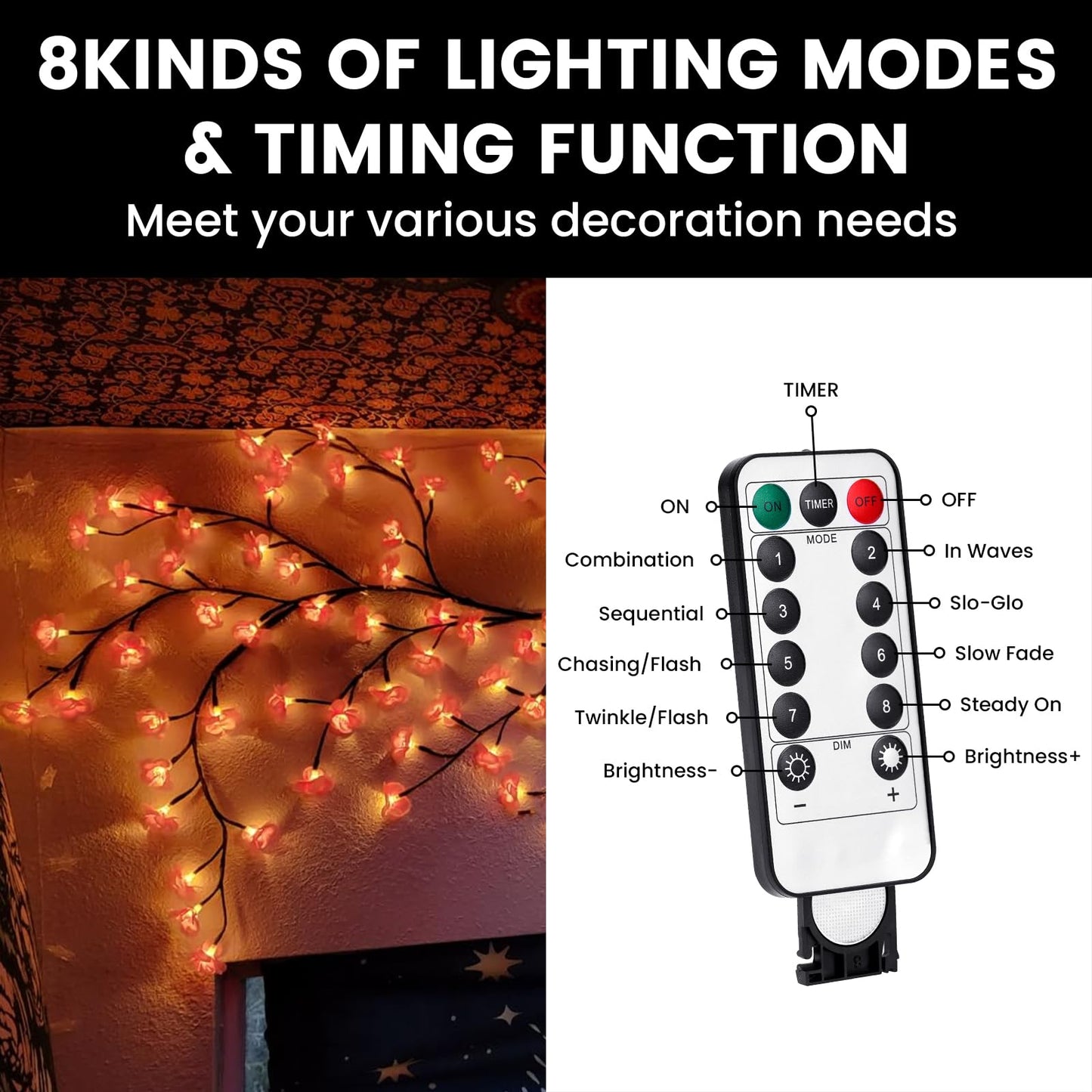 LED Tree Branch Lights for Wall 5.91 FT 96LEDs Cherry Blossom Lights with Remote and 8 Lighting Modes Cherry Blossom Garland Willow Vine Light for Bedroom Indoor Wall Wedding Christmas Decor