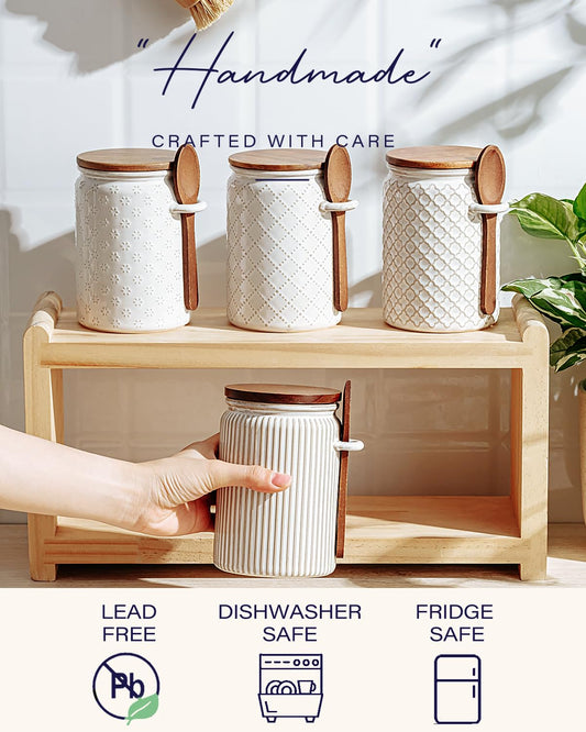 getstar Small Canisters Sets for the Kitchen, 20 oz Sugar Coffee Tea Storage Containers, Ceramic Kitchen Canisters for Countertop Set of 4 with Airtight Lids and Teaspoons