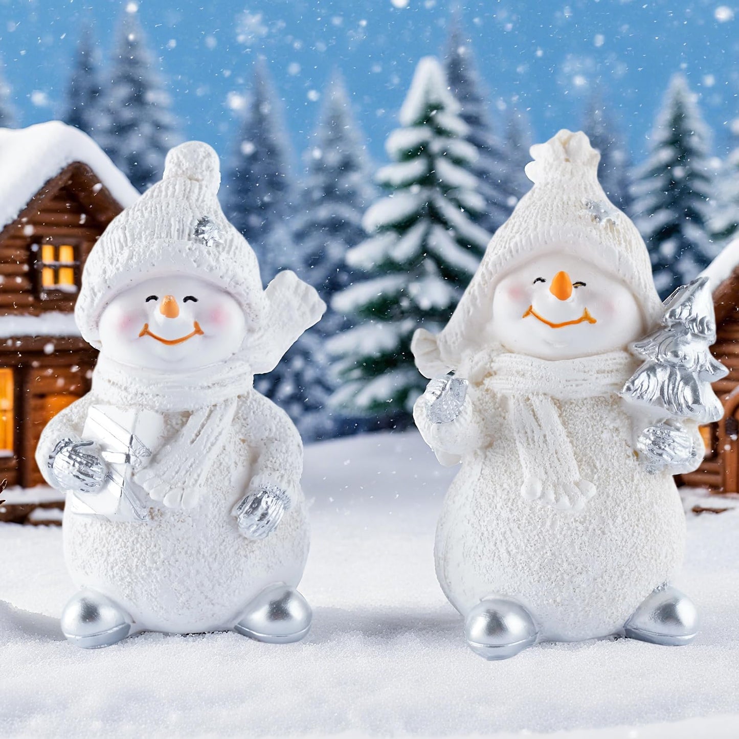 Brizoria Snowman Figurines Set of 2 White Resin Christmas Decorations with Silver Accents Winter Mantel Decor and Holiday Centerpieces for Table Home Indoor Tiered Tray Room Display