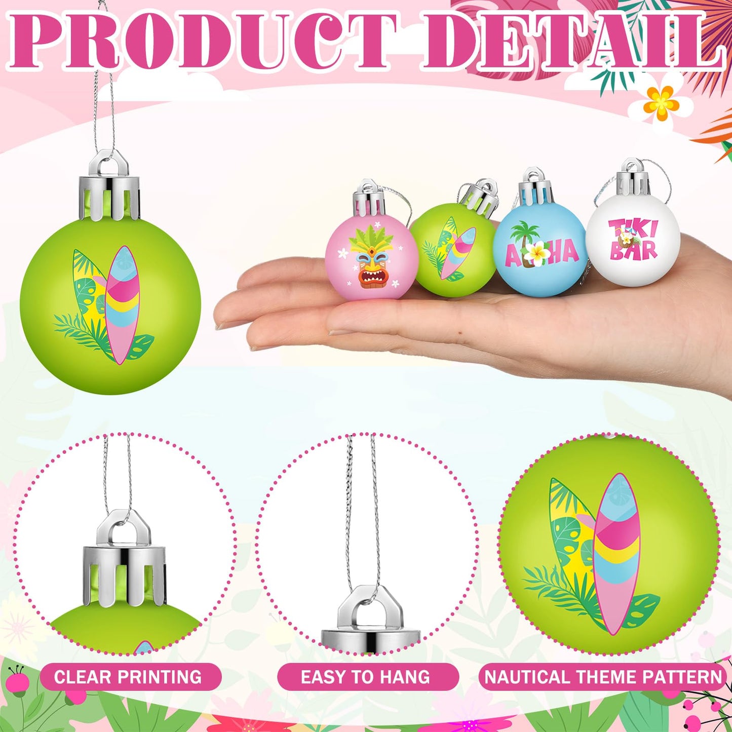 HyDren 40 Pcs Mini Summer Tree Ornaments Tropical Luau Ornaments 1.2 Inch Tiki Bar Mini Tree Decorations Pastel Flamingo Surboard Pineapple Palm Beach Tropical Ball Decorations for Holiday Party