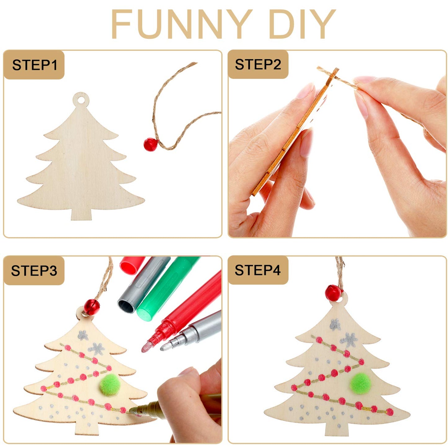 Boao 254 Pcs Christmas Wooden Ornaments 50 Pcs Unfinished DIY Crafts Slices Wood Christmas Tree Hanging Decoration with Bells Pom Poms Wiggle Eyes Marking Pens for DIY Xmas Decor