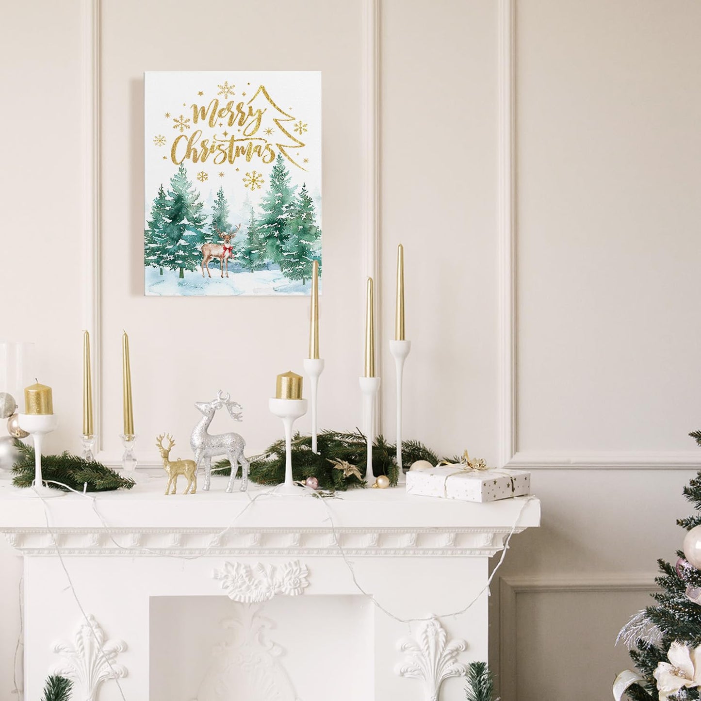 Christmas Wall Decor, Merry Christmas Woodland Reindeer Wall Art Poster, Christmas Tree Pictures Wall Decor for Living Room Bedroom, Christmas Wall Decorations, 11x14 Inch Framed