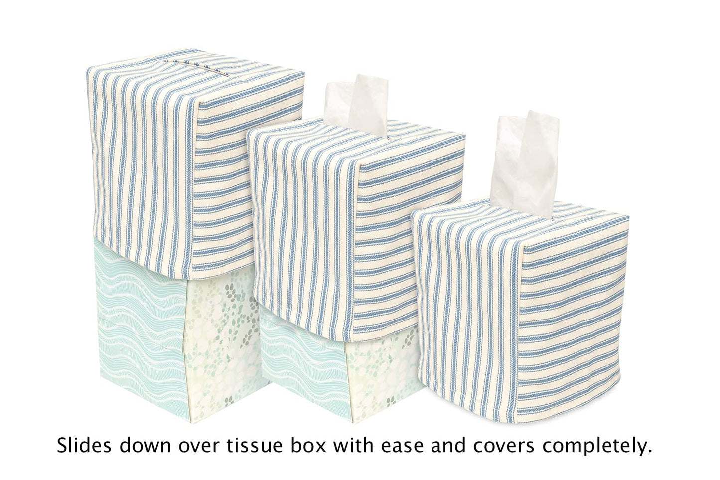 Fabric Tissue Box Cover, Tissue Holder Slipcover, Slips Over Square Cube Cardboard Facial Tissue Boxes -Decorative Blue Polka Dot Cotton Fabric, Made in USA