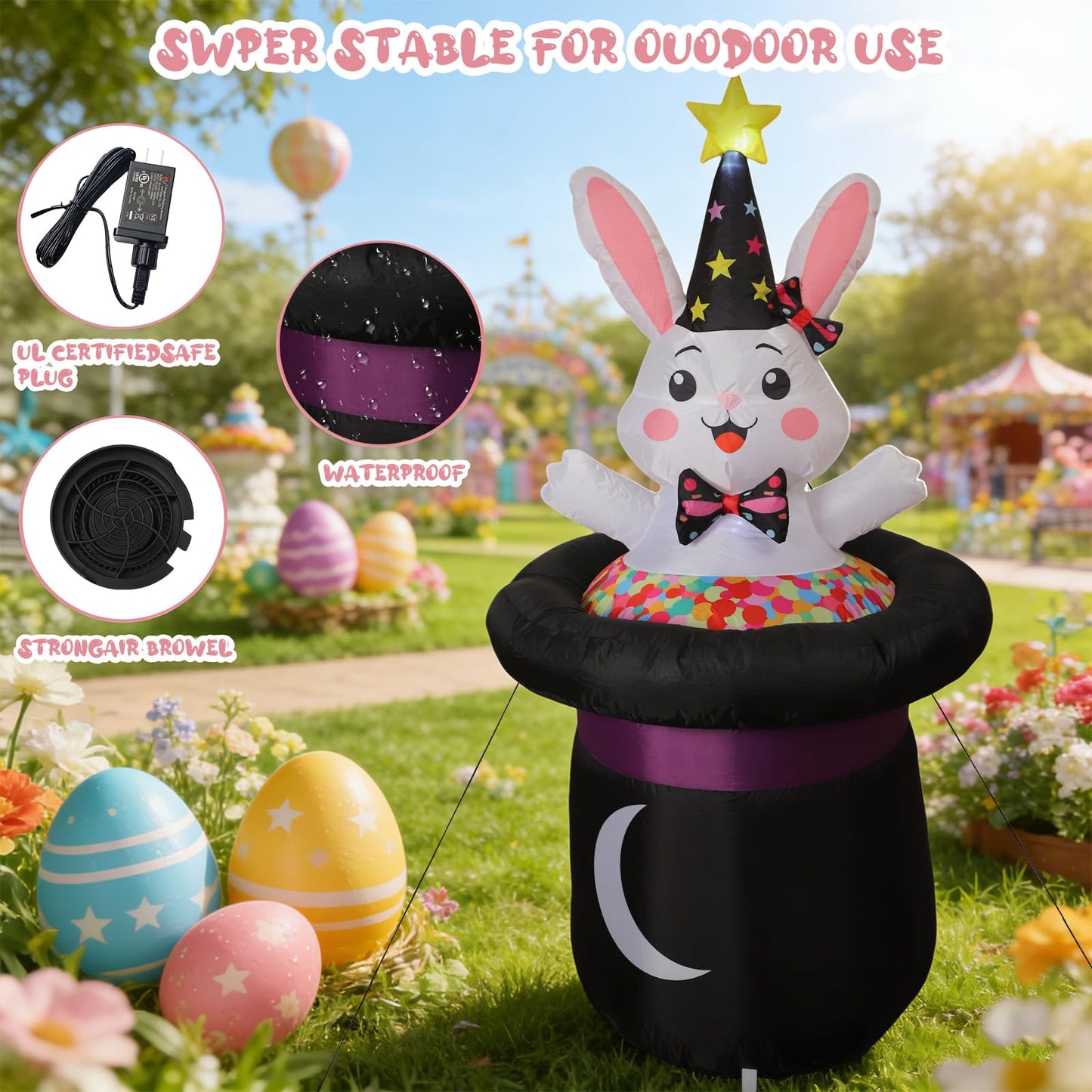 IHGYT 5 Ft Inflatable Easter Bunny in Magic Hat Yard Decoration, Cute Wizard Rabbit Popping Out of Top Hat with LED Lights, Blow Up Lawn Decor for Easter, Birthday Party, Indoor Outdoor Home Garden