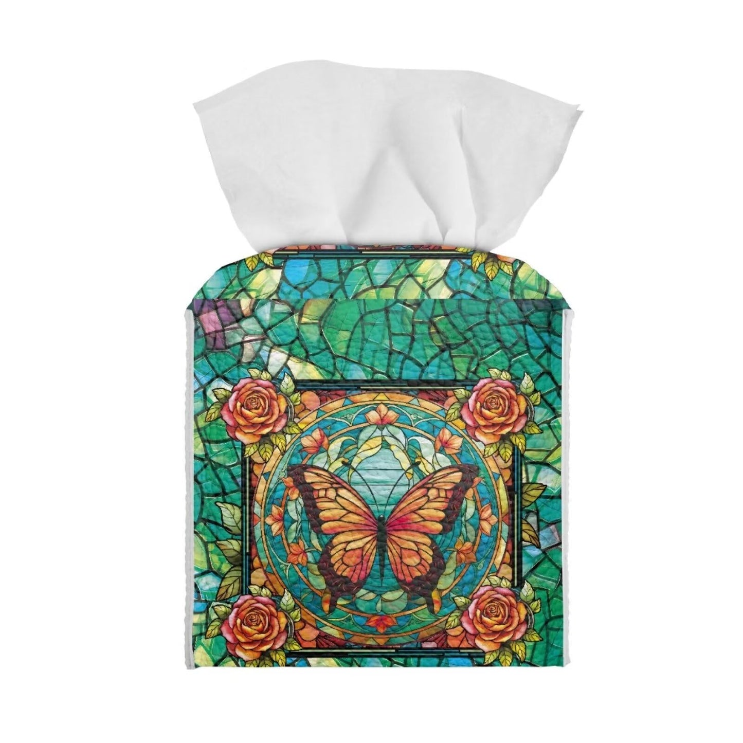 Lotusorchid Butterfly Rose Print Tissue Case Cover Square, Waterproof Tissue Box Cover for Home Office, Foldable Kleenex Tissues Cube Boxes with Bottom Belt, Decorative Facial Tissue Cover, Green