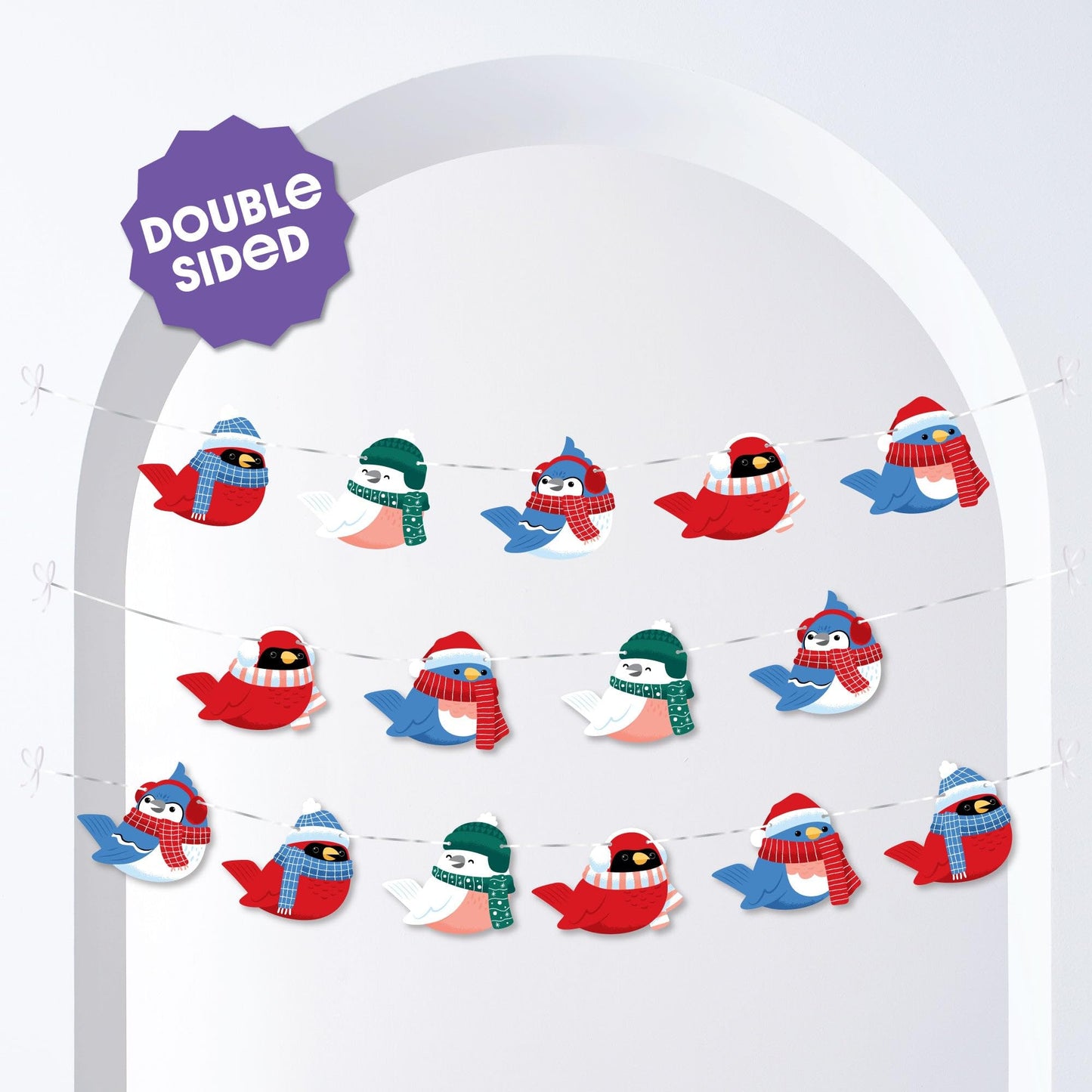 Big Dot of Happiness Winter Birds Garland Banner, Winter Holiday Party Decorations Backdrop, 30 Feet of Cord, 15 Paper Christmas Bird Shapes Double-Sided