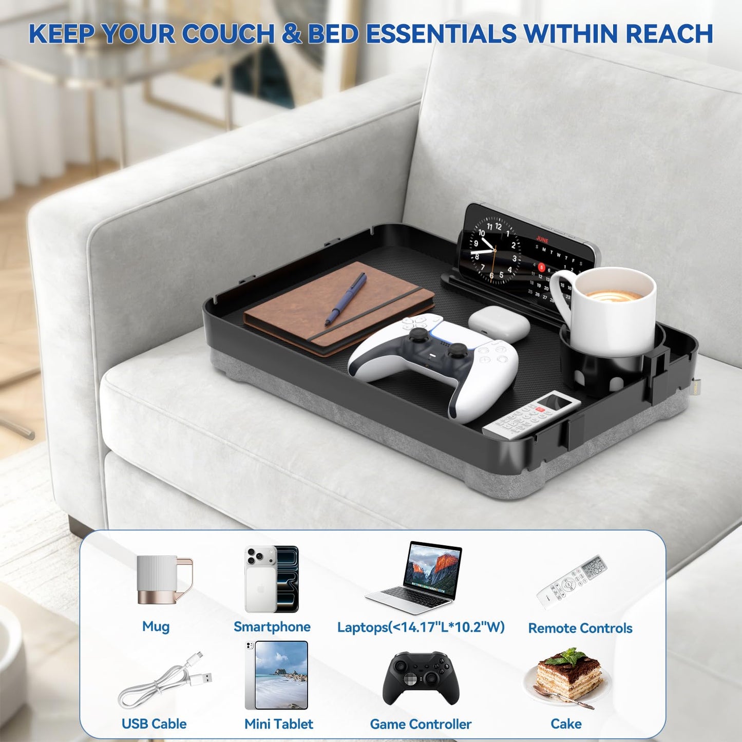 Lap Tray with Cushion Plastic Lap Desk with Cushion 15.5”Large Breakfast in Bed Tray with Removable Cushion & Cup/Phone Holder, Lap Table with Laptop Pocket for Couch TV Adults Eating Gaming Black