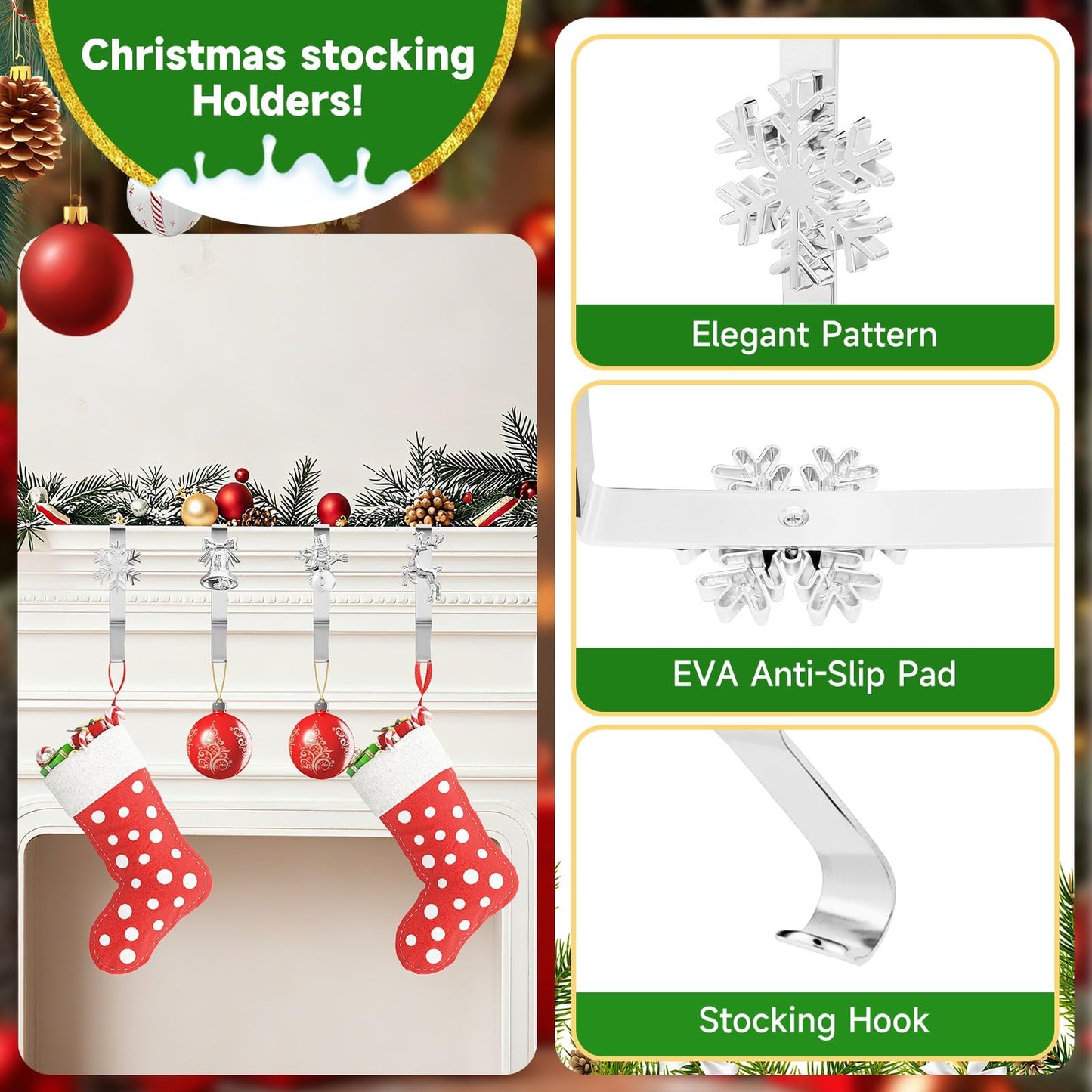 Christmas Stocking Holders for Mantle, Reusable No-Damage Hooks with Fireplace Grip Stand, Xmas Decoration Set for Hanging Stockings on Shelves, Mantel Clips for Holiday Party Home Decor Silver