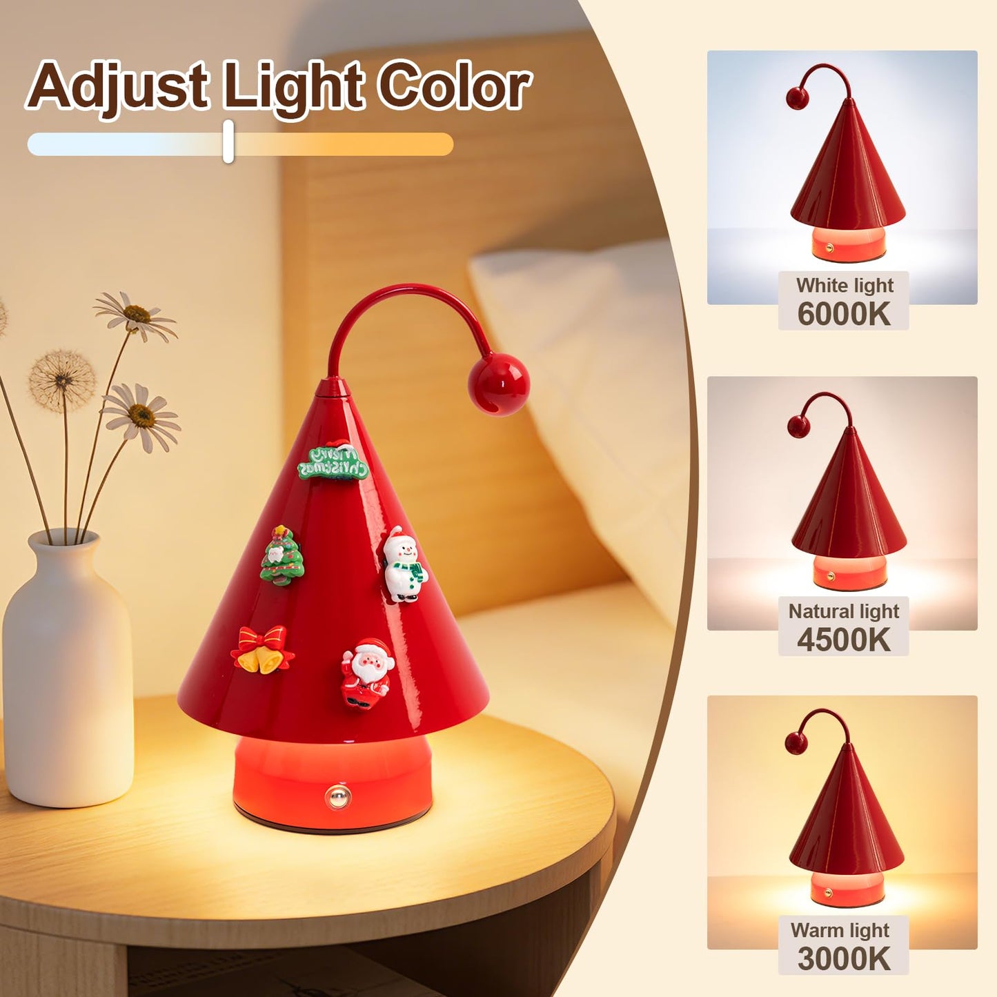 Qeipy Led Lights Cozy Home Decor Cute Christmas Tree Desk Lamp Ambient Lighting,Touch Control, Cordless Rechargeable Battery Operated,for Living Room,Bedroom,Nightstand (Red)