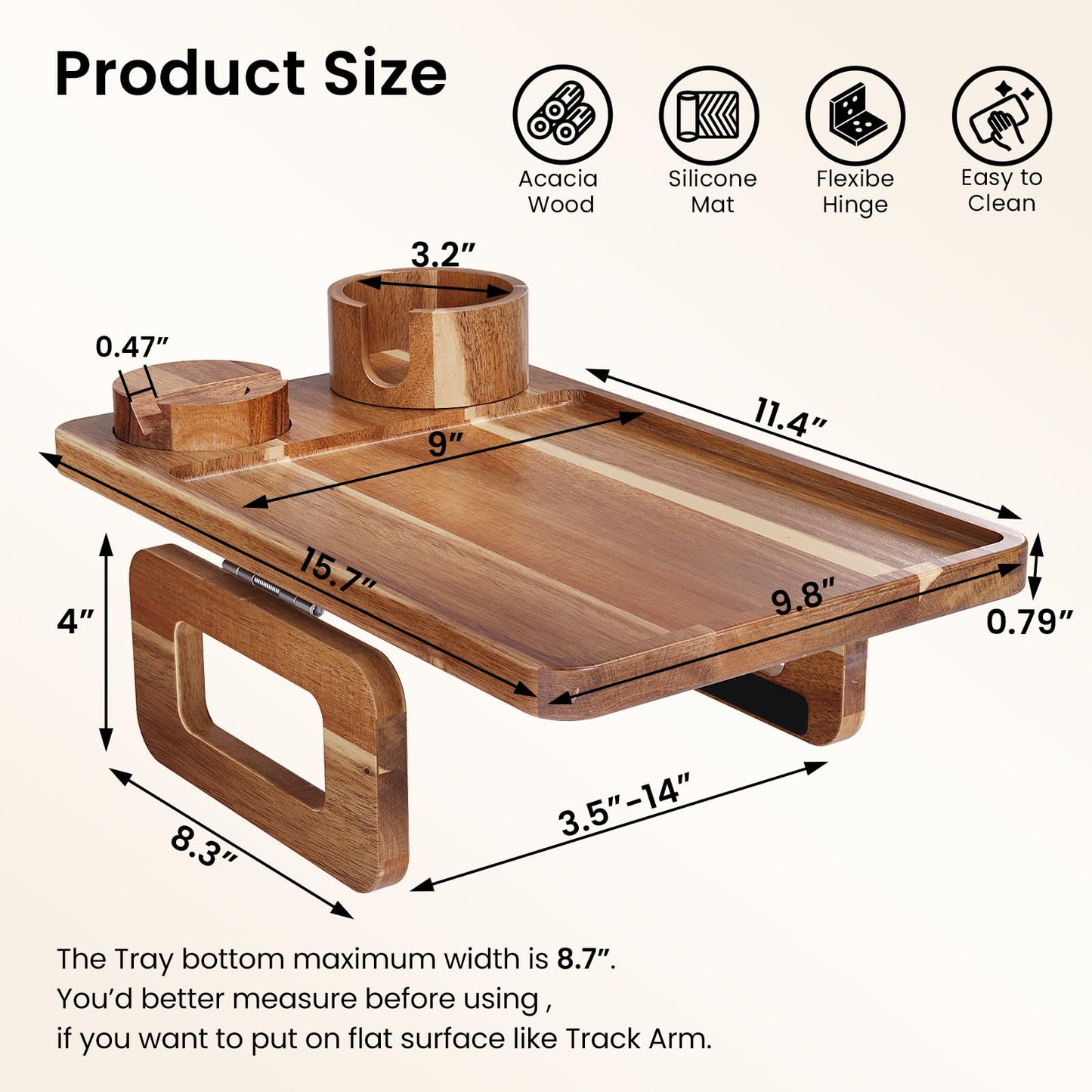 Danfoxer 3 in 1 Acacia Wood Couch Arm Tray,Couch Tray with Cup Holder and Phone Holder,Folding Sofa Armrest Trays Clip-On Sofas Desk for Drinks,Snacks,Phone,Remote Control