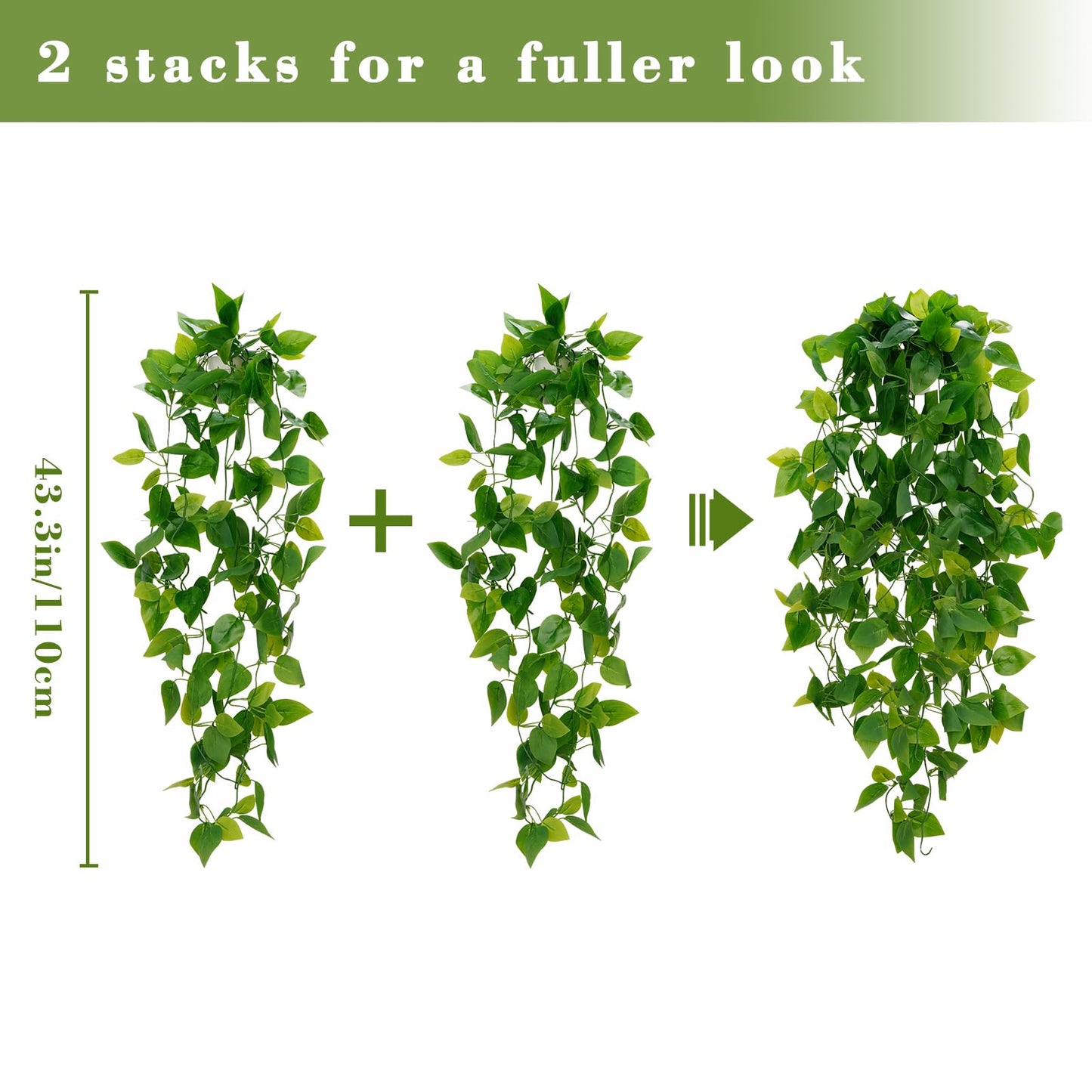 BLEUM CADE Fake Hanging Plants, 2pcs Artificial Pothos Vines Greenery for Wall Home Living Room Office Indoor Outdoor Decor (No Baskets)