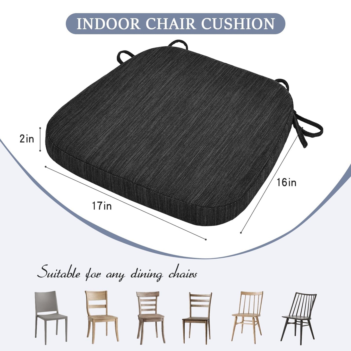 baibu Kitchen Chair Cushions, Dual-Layer Patented Design Molded Memory Foam Dining Chair Pads with Ties and Washable Cover, 17" x 16" x 2", Black