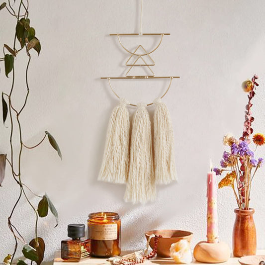 IOWER Boho Wall Decor Macrame Wall Hanging Small Metal Wall Art Cute Wall Decor For Living Room Bedroom(Ivory, 13"Lx4.7"w)