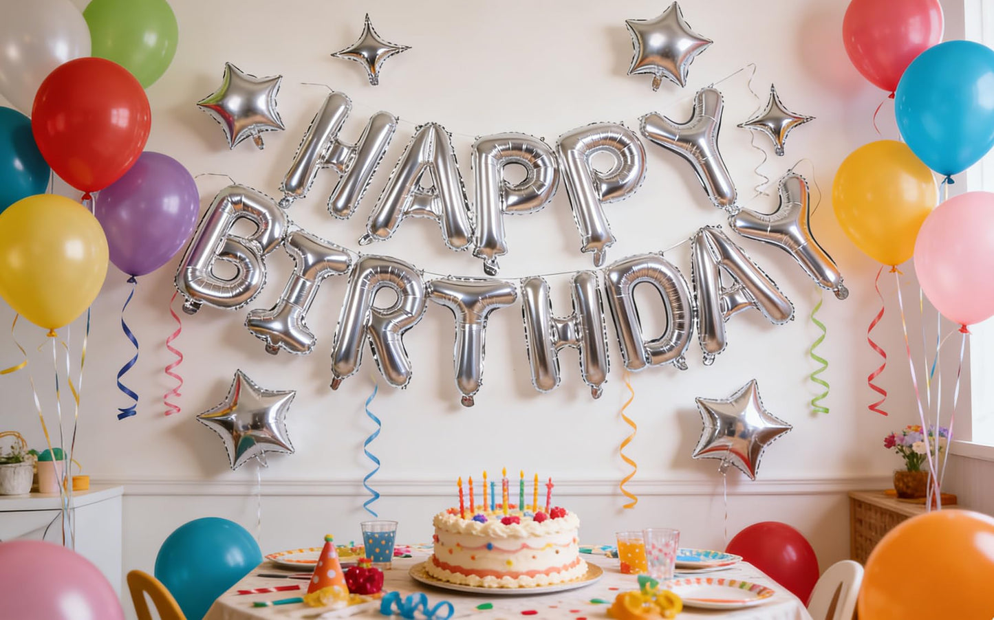 Silver Happy Birthday Banner Balloon Aluminum Foil 16 Inch Letter,10 Inch Five Pointed Star Four Pointed Star Suitable for Kids, Men, Women, Boys and Girls Party Decoration Supplies