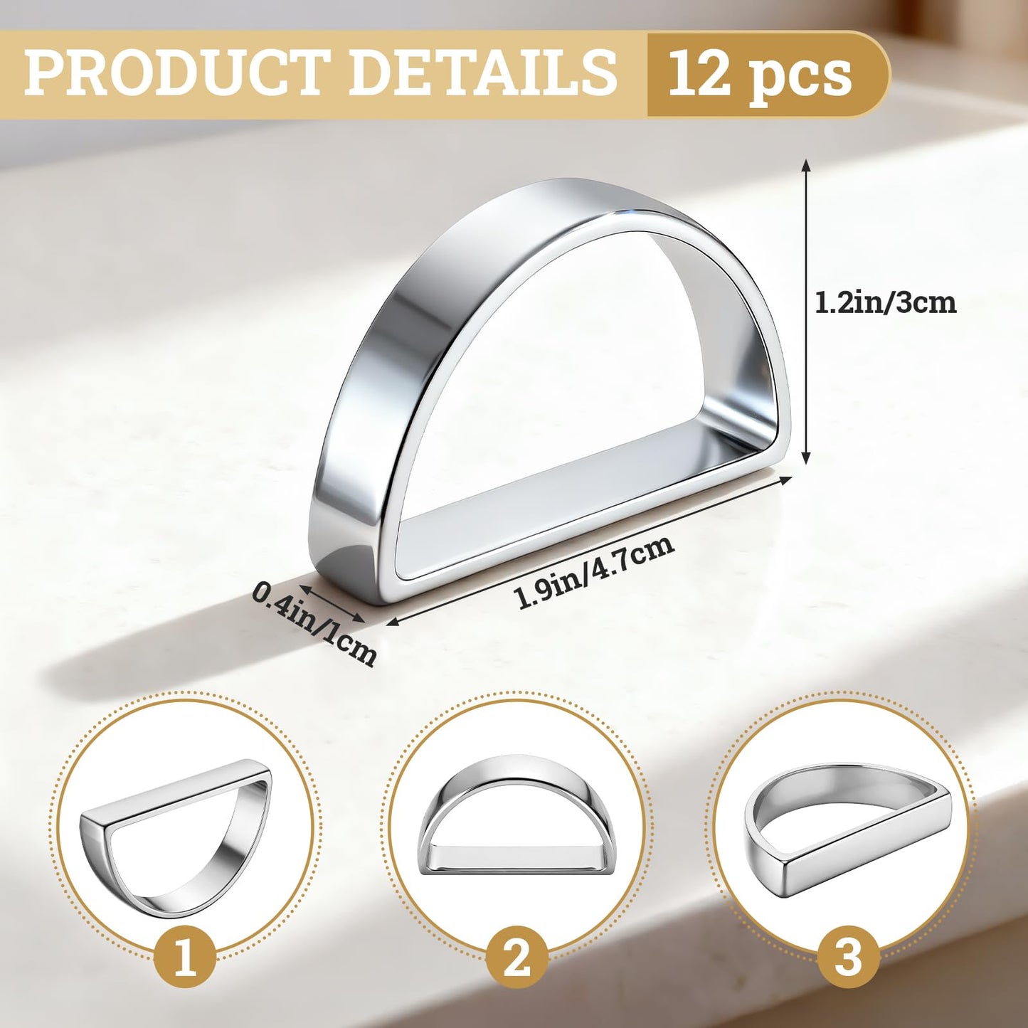 Suream Set of 12 Napkin Holders Buckles, Metal Napkin Rings for Dinning, Table, Party, Events, Thanksgiving Christmas Table Decor(Bright Silver Semicircle)