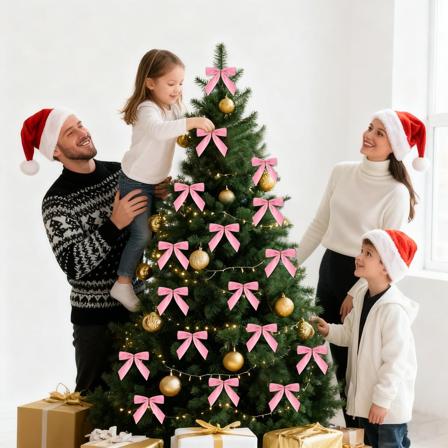 CCILAND 24 Pcs Pink Small Velvet Bows for Christmas Tree, 3.54 Inch Mini Christmas Bows for Gift Wrapping, Twist Tie Velvet Bows Xmas Ornaments for Wreath, Crafts, Party, Wedding