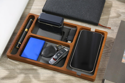 Shinpuru Wooden Valet Tray for Men, Nightstand Organizer with Leather Inlay, EDC Essentials Catchall Tray for Keys, Phone, Wallet, Watch, Earbuds - Bedside Desk Entryway Tray (Wood-Pen)