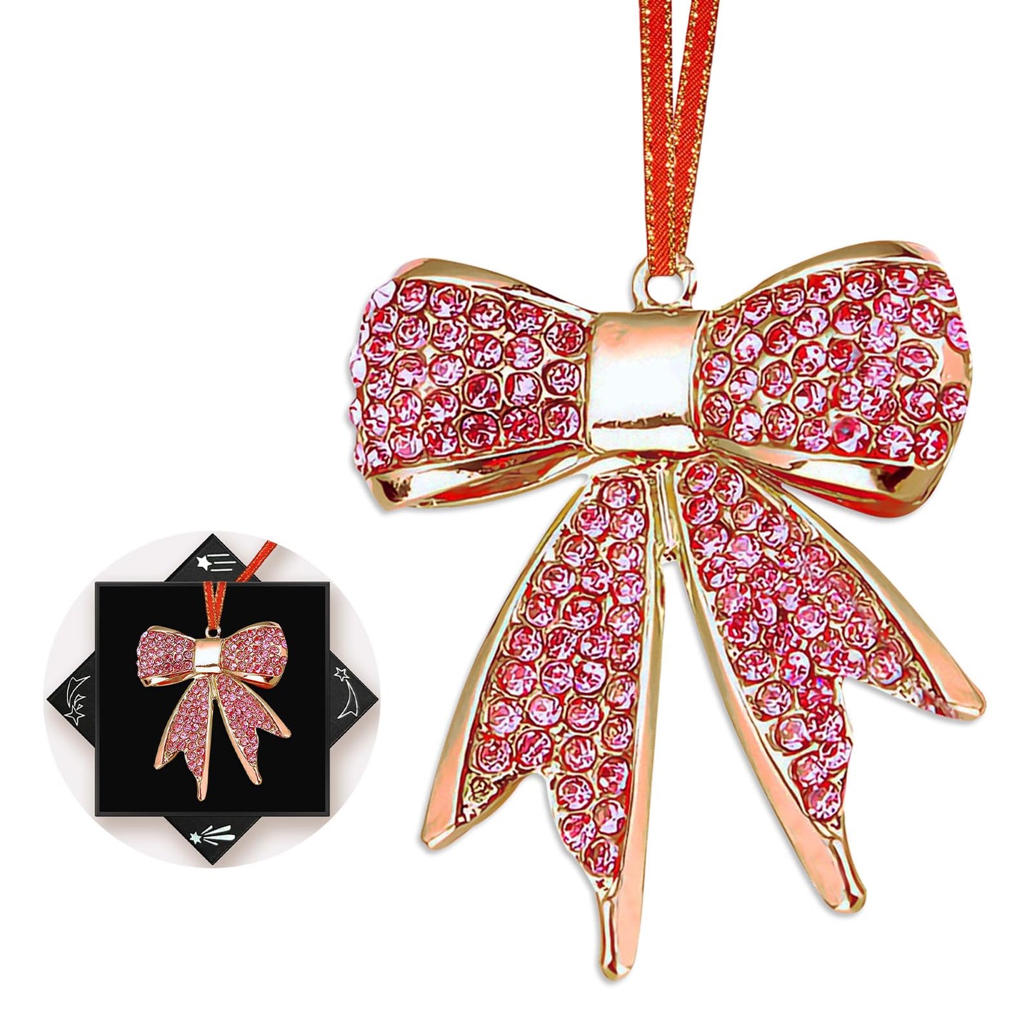 FurniGift Metal Bowknot Christmas Ornaments 2025- Pink Bowknot with Rhinestones Ornaments for Hanging Christmas Tree,Keepsake Gifts for Women Girls Mom Sisters Friends