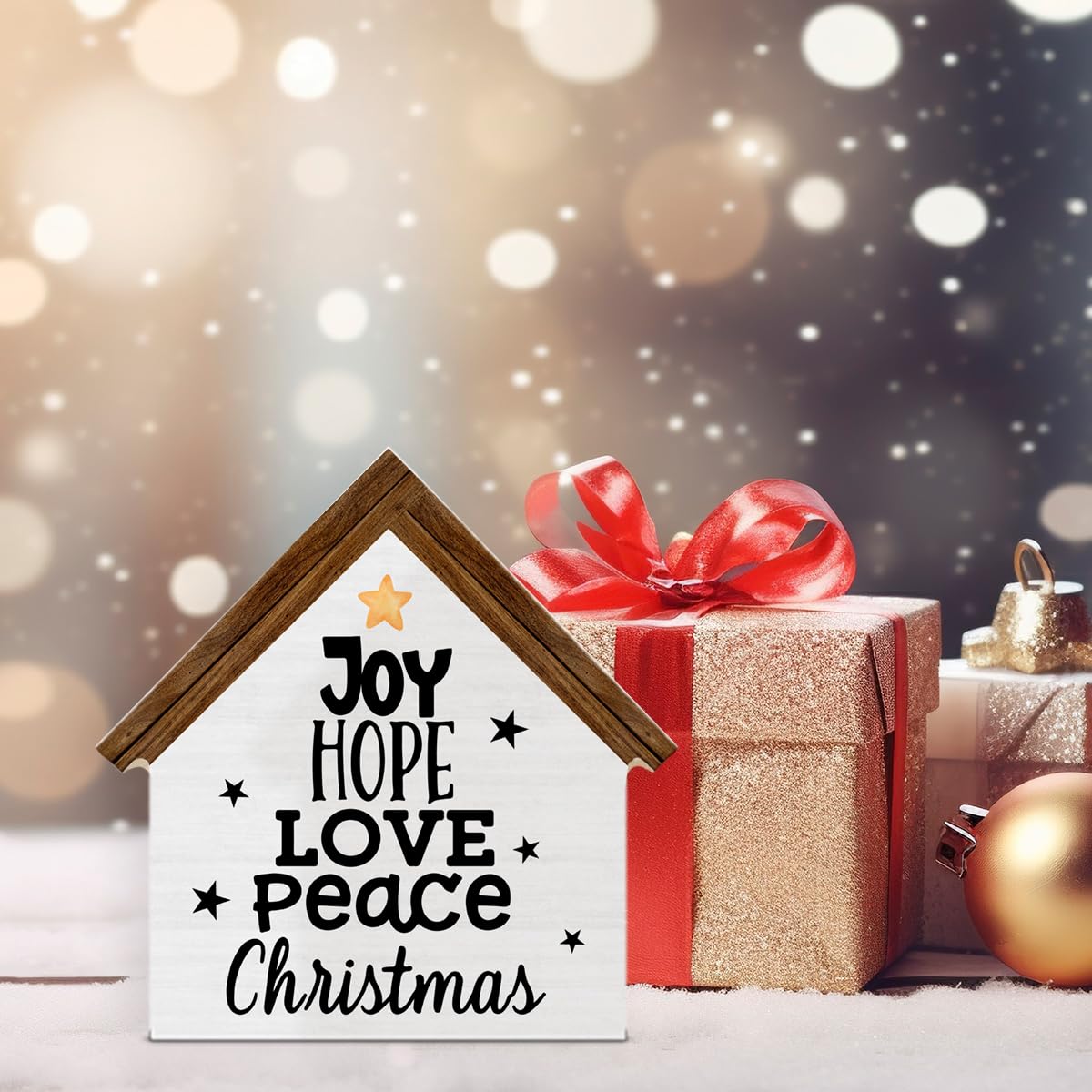 Joy Christmas Sign Decor, Joy Hope Love Peace House Shaped Wooden Sign, Rustic Christmas Decorations for Desk Table Shelf