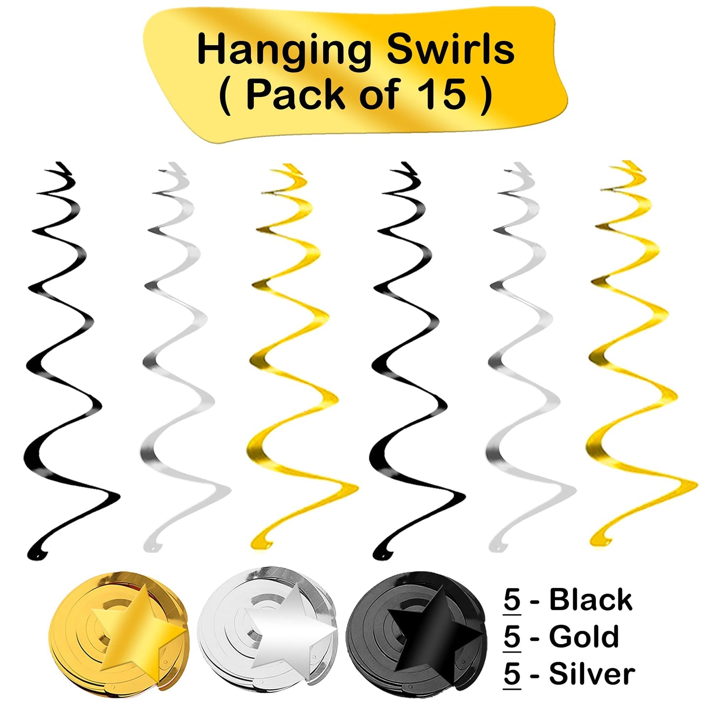 KatchOn, Black Gold and Silver Star Hanging Swirls- Pack of 30, No DIY | Star Ceiling Decorations for Birthday Decorations | Hanging Star Swirls for Graduation Decorations 2026, Bachelorette Party
