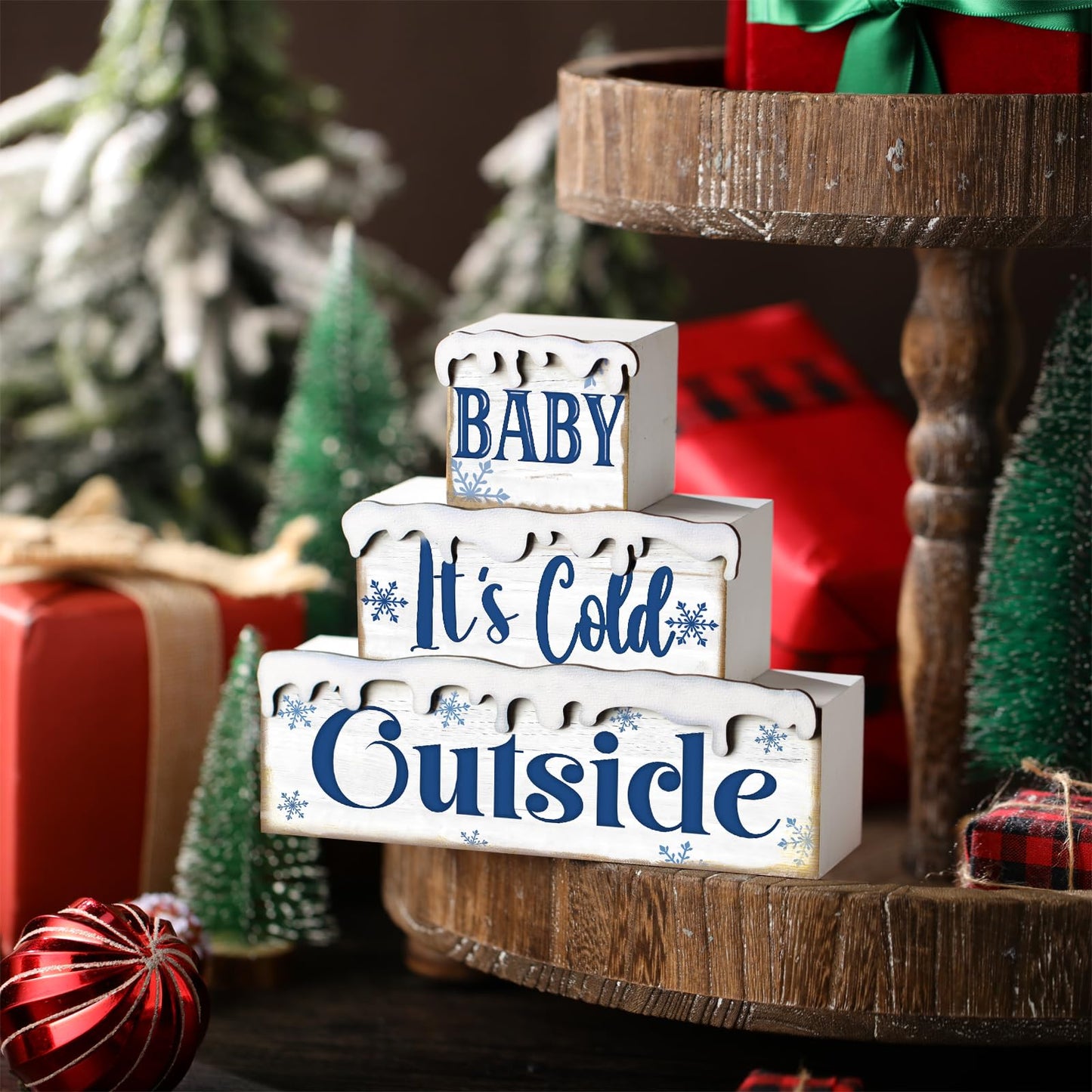 Huquary 3 Pcs Winter Let It Snow Tiered Tray Decor Table Sign Winter Theme Wood Decorations Centerpiece Decor for Party Gift Desk(Snow Style)