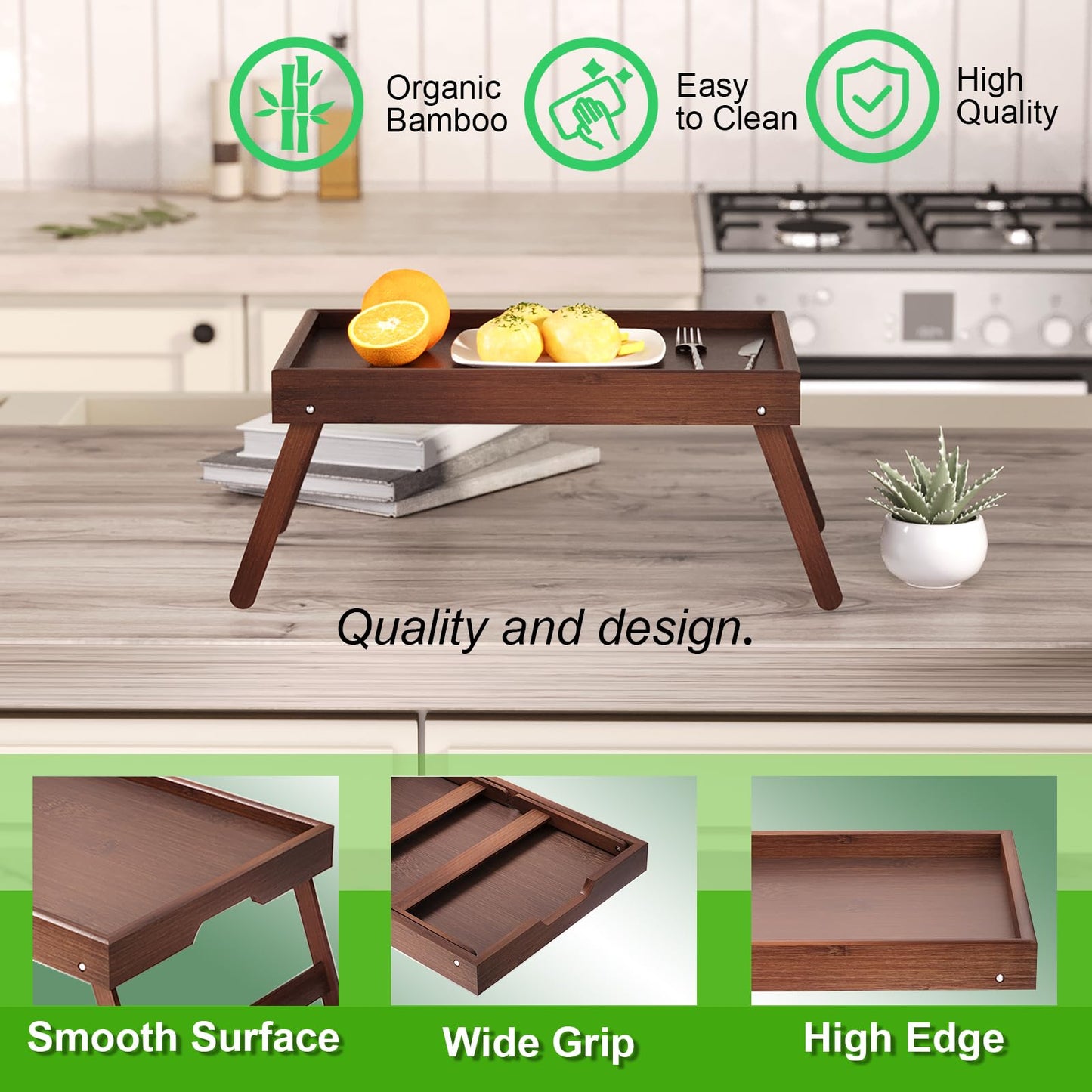 Fibogollo 2 Pack Bamboo Bed Tray Table with Folding Legs,Breakfast Trays,Serving Tray for Food and Snack,Laptop Trays for Working(Brown)