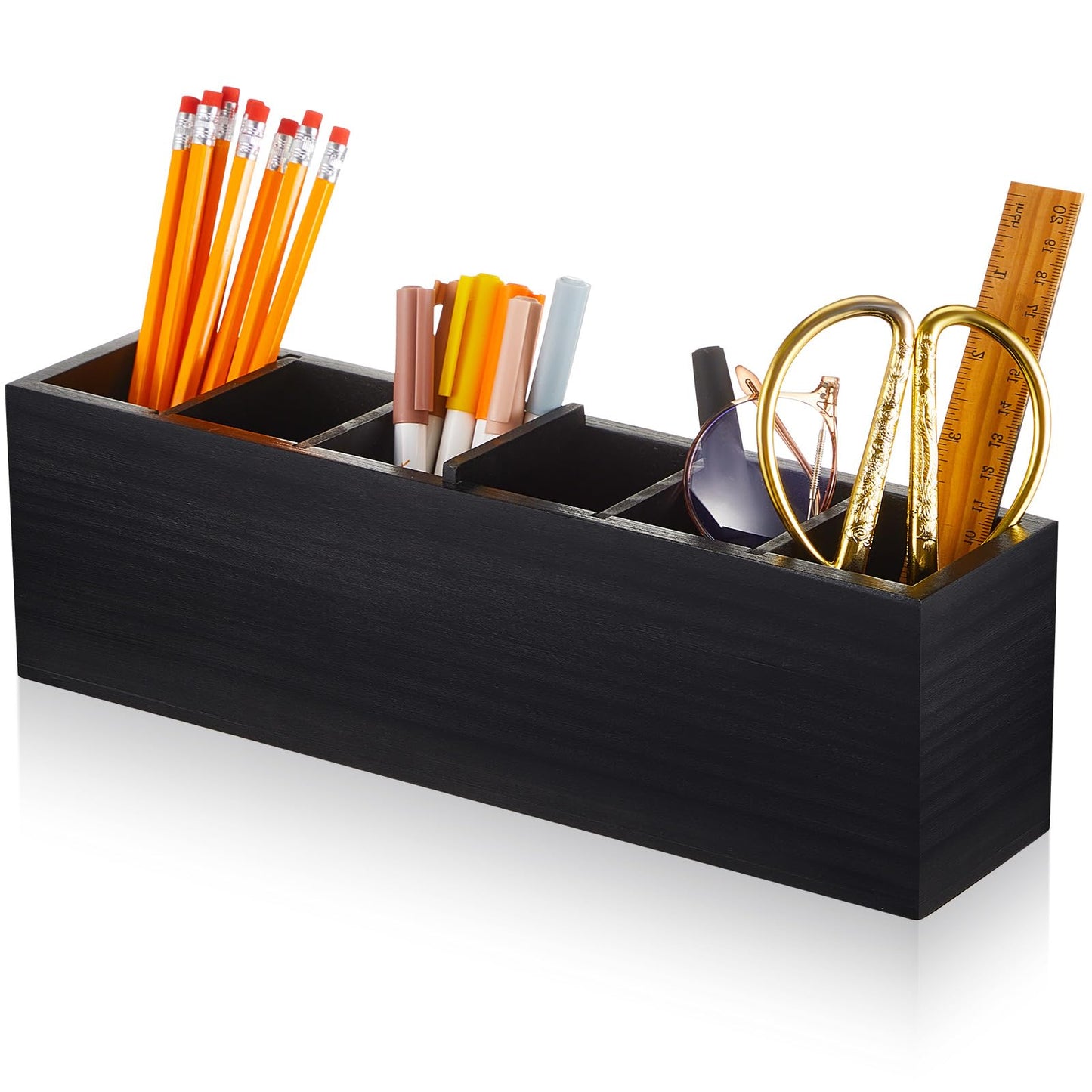 Jetec Wooden Pencil Pen Holder for Desk 6 Compartments Wood Office Desk Organizers for Countertop Adjustable Makeup Brush Organizer Silverware Caddy for Party, Home, Art Supplies(Black)