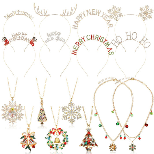 Quelay 16 Pcs Christmas Jewelry Set Include 8 Christmas Headbands 8 Pcs Xmas Necklaces Rhinestone Snowflake Deer Antlers Hairband Wreath Bell Necklace for Women New Year Party Favor Gift Accessory