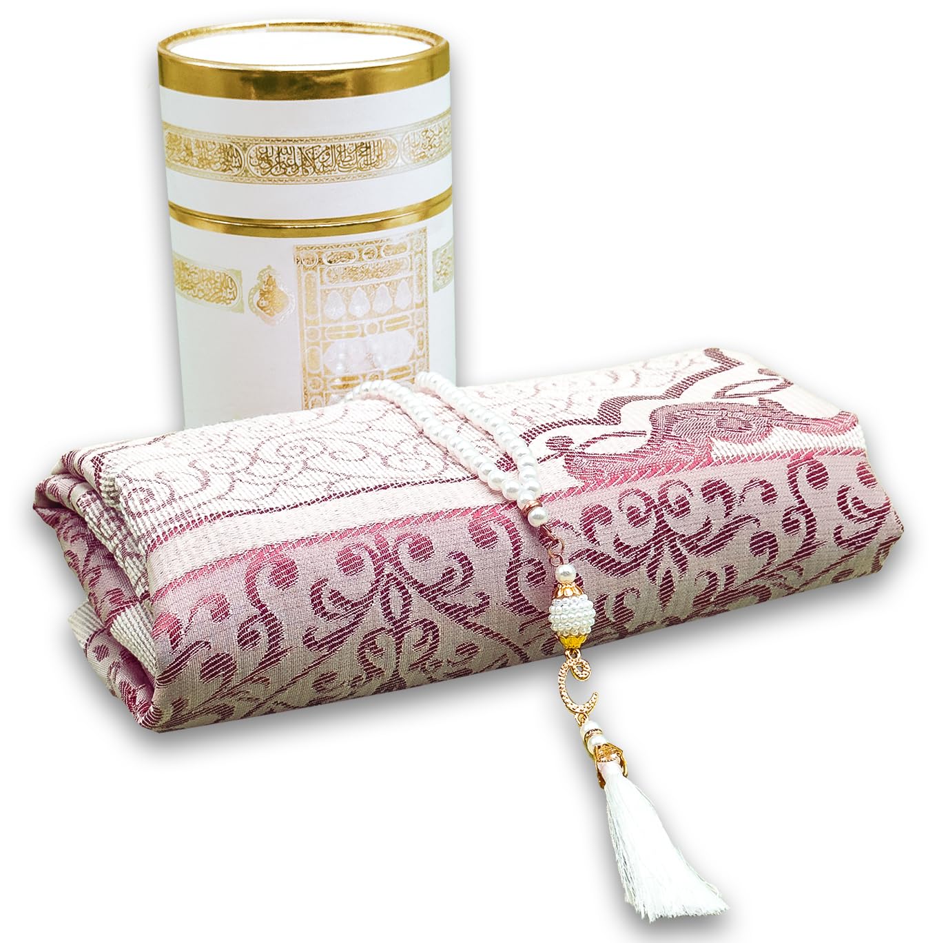 Kapobia Muslim Prayer Rug Islam and Beads, Kaabe Design Box Eid Ramadan Gifts Islamic Set Carnal Salah Mat Taffeta Fabric Black Soft Prayer Mats Men and Women (Pink)