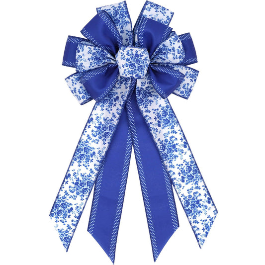 Kutyndrix Blue Chinoiserie Wreath Bow, 21 Inch Large Spring Floral Wired Ribbon for Front Door, Grandmillennial Wedding Lantern Decor