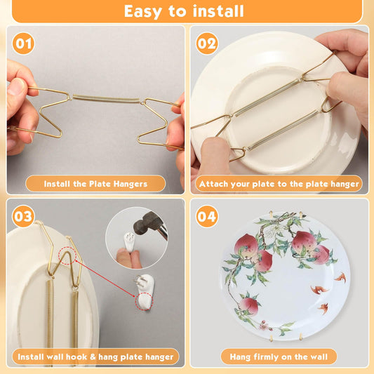 Tetutor 7 pcs Plate Hangers for The Wall, 4/6/8/10/12 Inch Invisible Decorative Wall Plate Hangers, Stainless Steel Plates Walls Hanger for Display Various Sizes with Hooks for Decorative