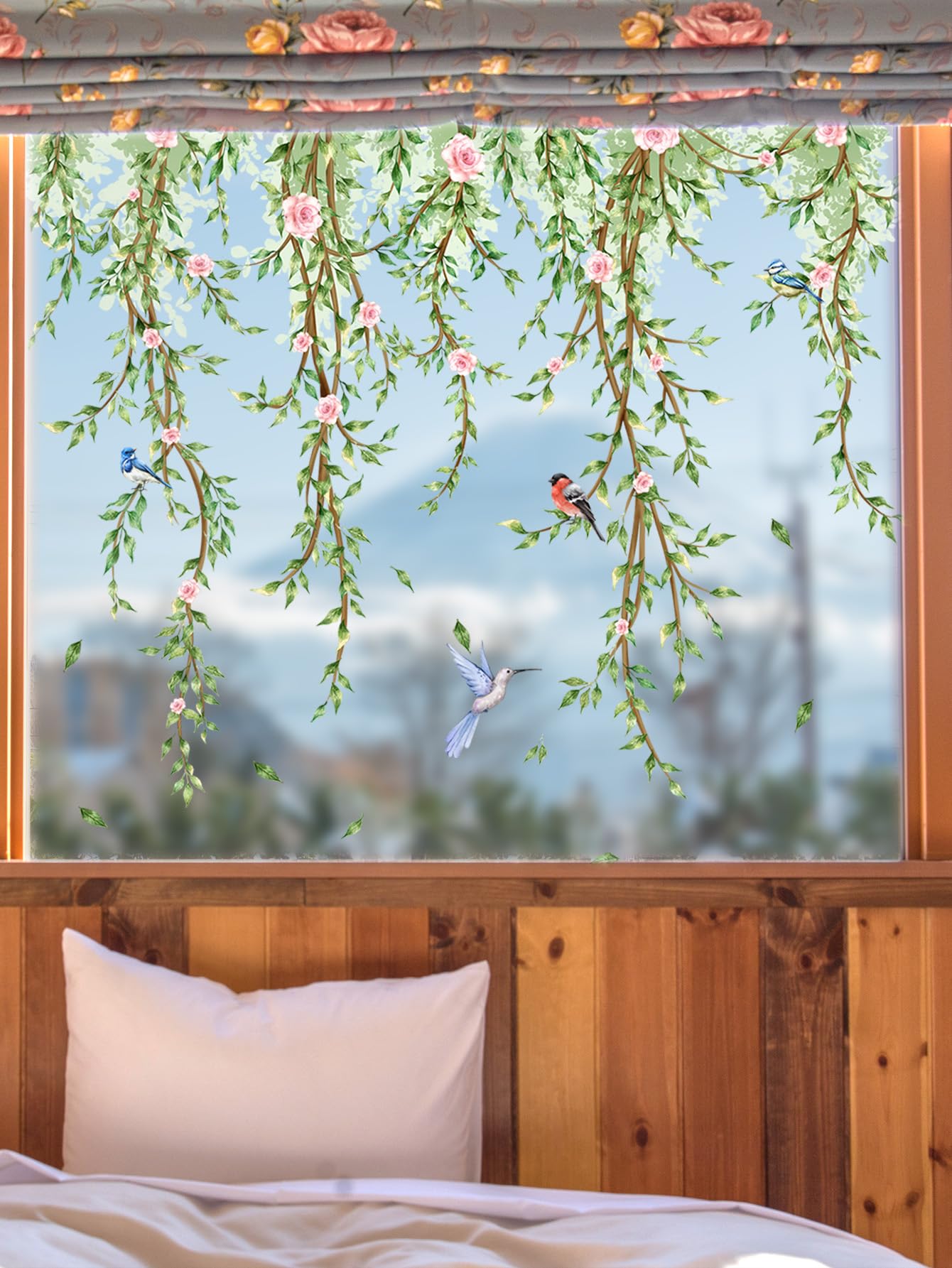 Hanging Vine Wall Stickers - Bird Green Leaves Flowers Decal Peel and Stick Removable Wall Art for Bedroom Living Room Nursery Window Glass Home Decor,30.5 cm x 50.5 cm