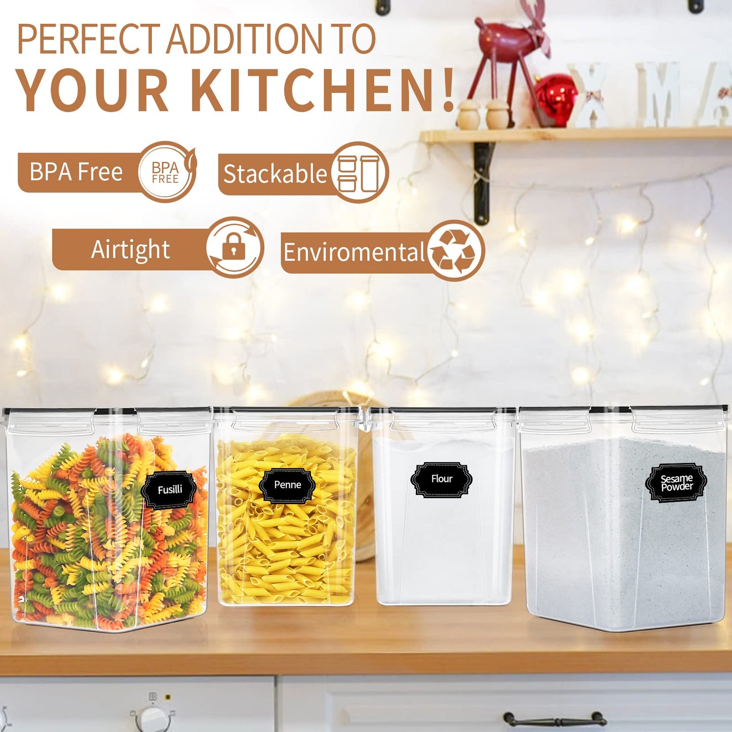 PRAKI Large Airtight Food Storage Containers 5.2L / 195oz, 4pcs Pantry Kitchen Organizers and Storage for Flour, Sugar, Baking Supplies, BPA Free, Plastic Flour Containers with 20 Labels & Maker