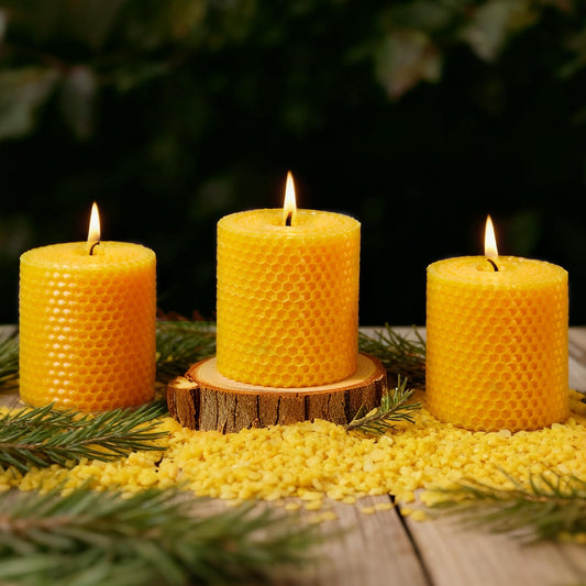 Ashlux Beeswax Pillar Candles, 3x3 Inch -Set of 3 Hand-Rolled Honeycomb Candle - Each Long Burning 17 Hours, Dripless Smokeless Unscented Handmade Beeswax for Home Decor, Prayer, Wedding,SPA