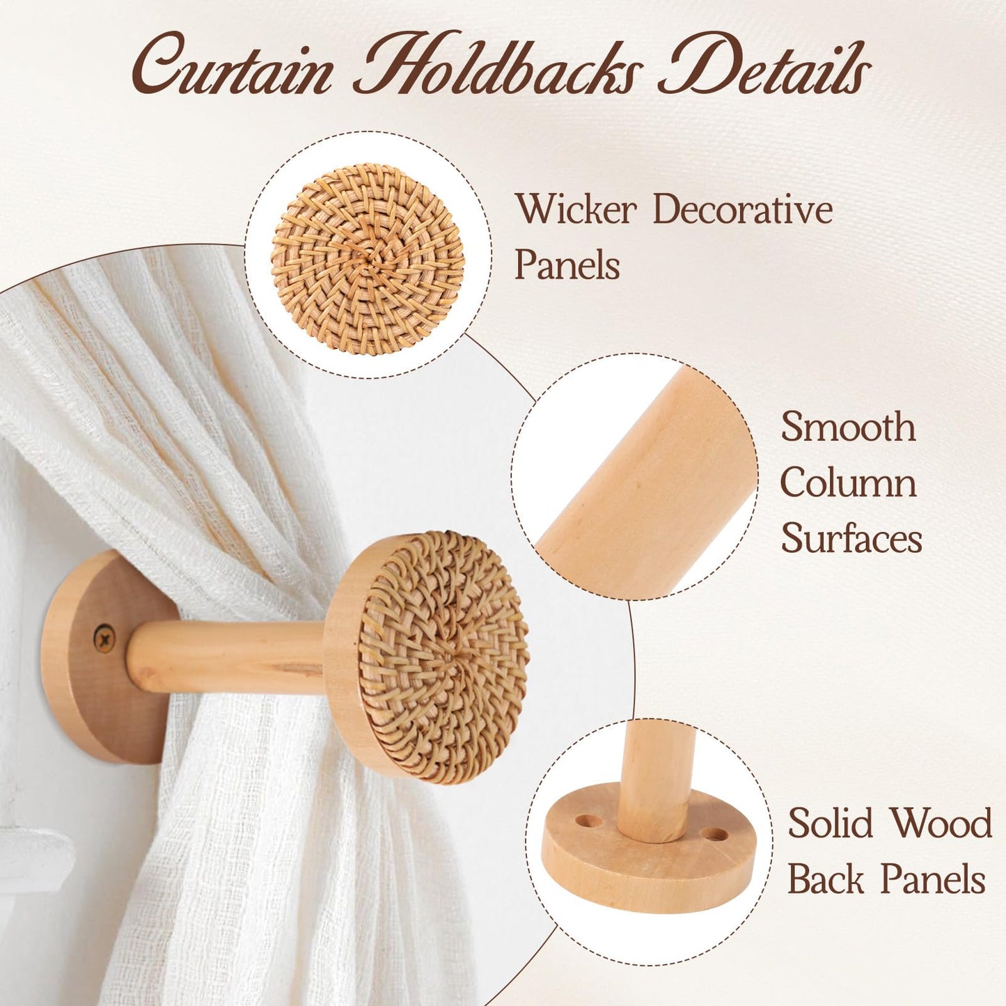Boho Curtain Holdbacks - Set of 2 Rattan Tiebacks for Wall-Mounted | Hand-Woven Natural Wood Drapery for Sheer & Blackout Curtains | Ideal for Home & Office Decor