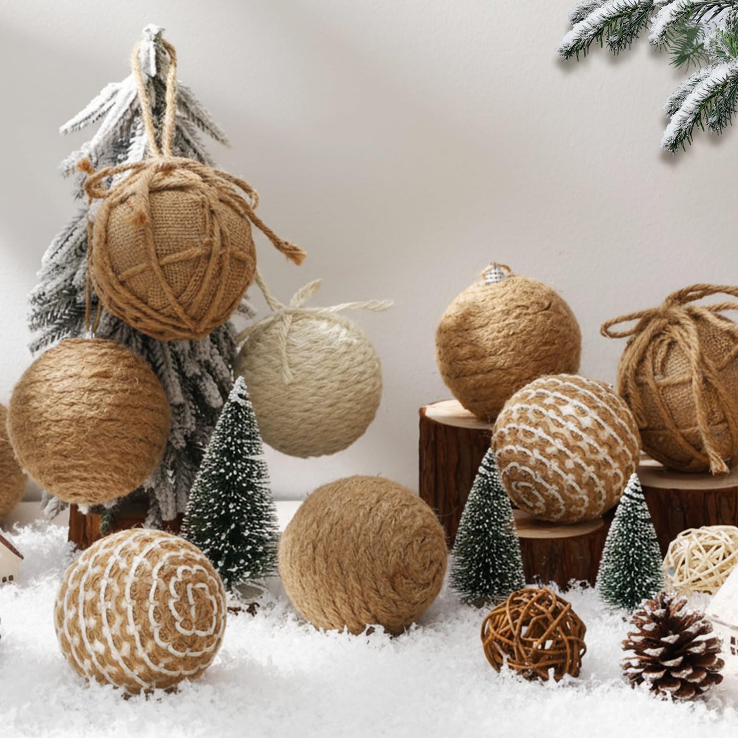 Leyndo 16 Pcs 3.15 Inch Burlap Christmas Ball Ornaments Rustic Farmhouse Christmas Tree Ornaments Neutral Jute Rope Hanging Balls Decorations Boho for Xmas Party Holiday Decor(Rustic Style)