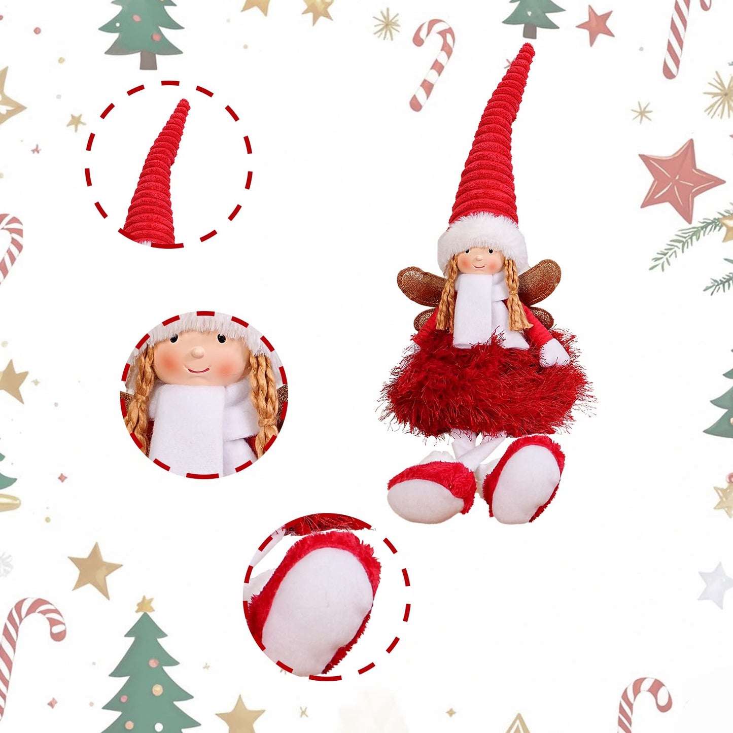 Dedrian11 Christmas Angel Figurine, Plush Shelf Sitter Fairy Doll with Poseable Wired Hat & Arms, White Tabletop/Mantel/Window Decor, Holiday Home Decoration Gift