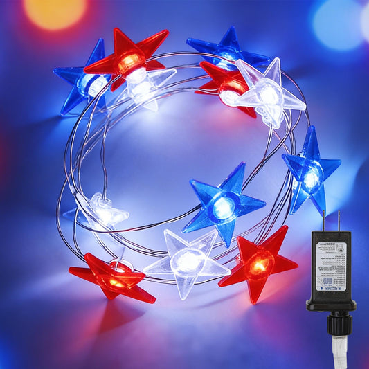 JUSTPRO 100 LED Patriotic Star Lights with Flexible Copper Wire, Plug-in Powered, 8 Lighting Modes for National Day Holiday Indoor Outdoor Decor