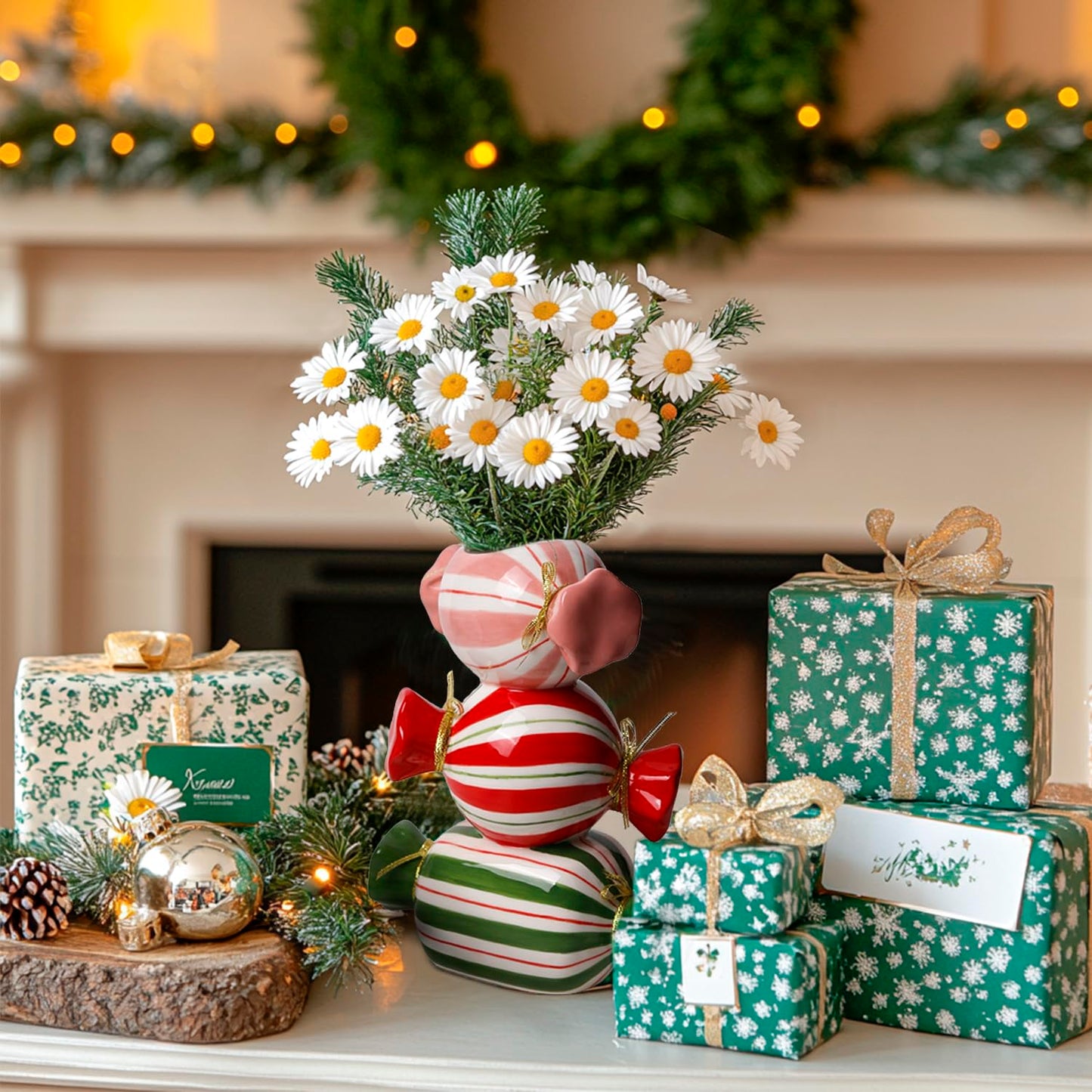 DIF DECO Unique Ceramic Vase,Candy Shape Aesthetic Vase Cute Christmas Decorative Flower Vase 9.88 Inch Modern Funny Vase for Home/Holiday/Weddings/Party Table Flower Decor