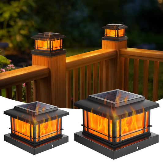 NIORSUN Solar Post Lights Outdoor, Fence Post Solar Lights with Flickering Flame Light & 3 Color Temps, Waterproof, Garden Patio Fence Deck Decor, 4x4 Posts Caps, 4x4, 5x5 Wooden & Vinyl (2Pack,Black)