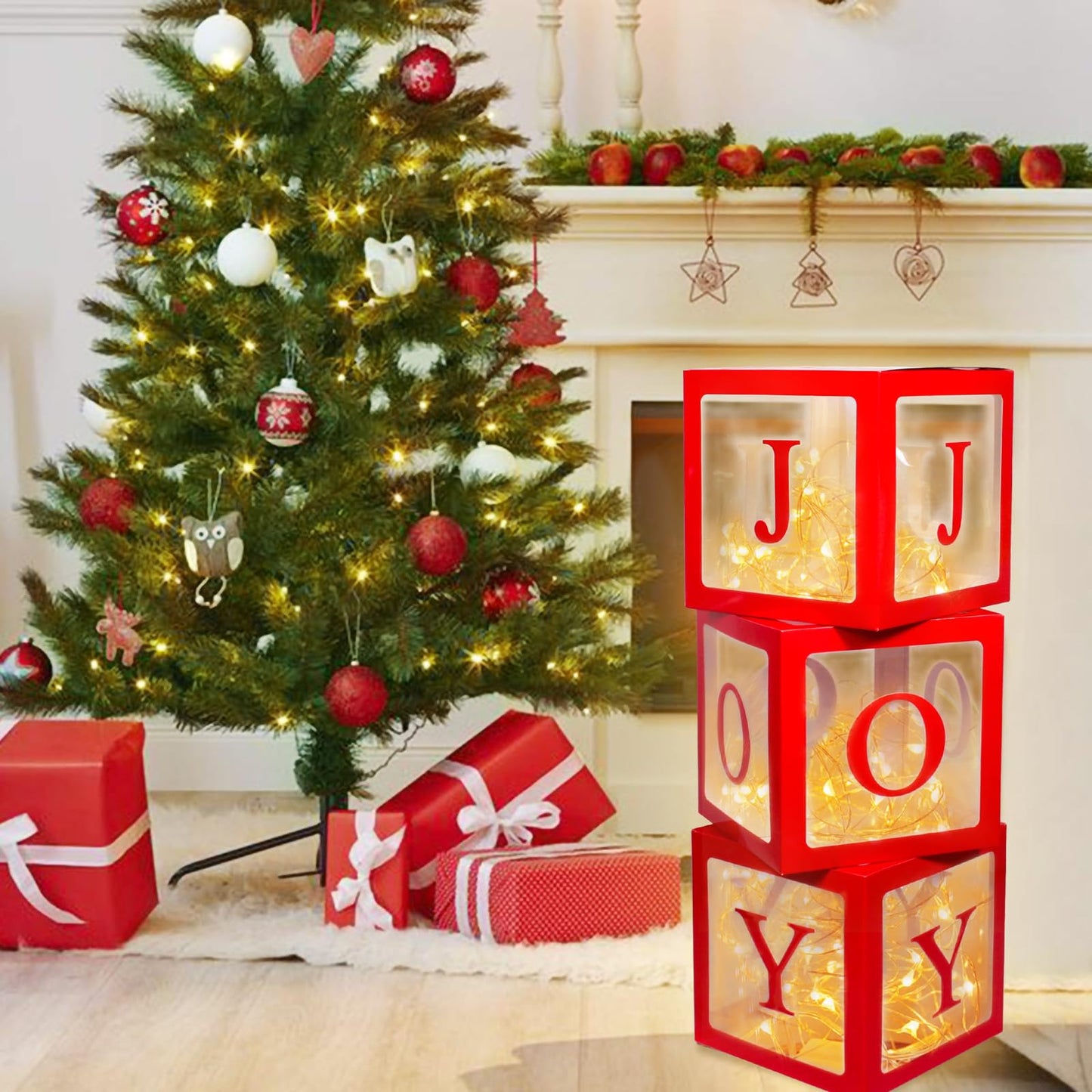 Christmas Decorations Large Red Transparent Light Box, Holiday Party Home Fireplace Decor